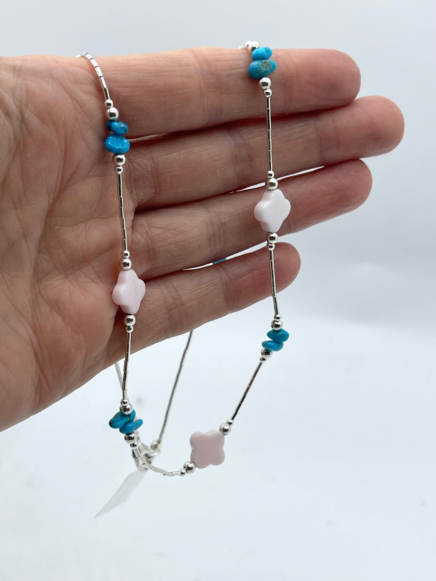 Pink Conch Shell and Turquoise on Liquid Silver Necklace