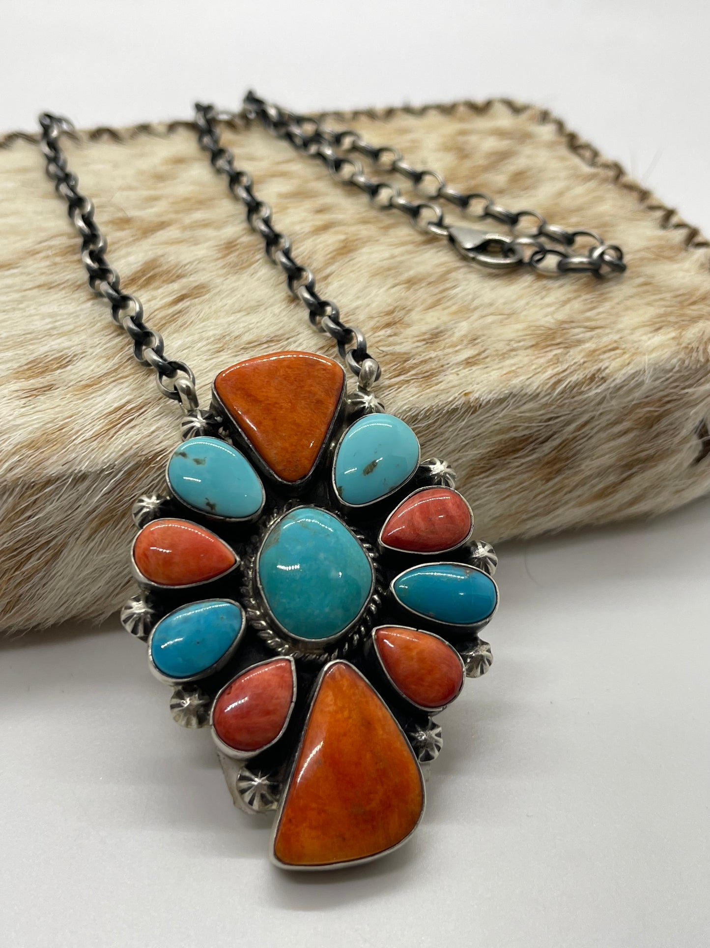 18" Turquoise and Spiny Oyster Shell Cluster Necklace by Elouise Kee, Navajo