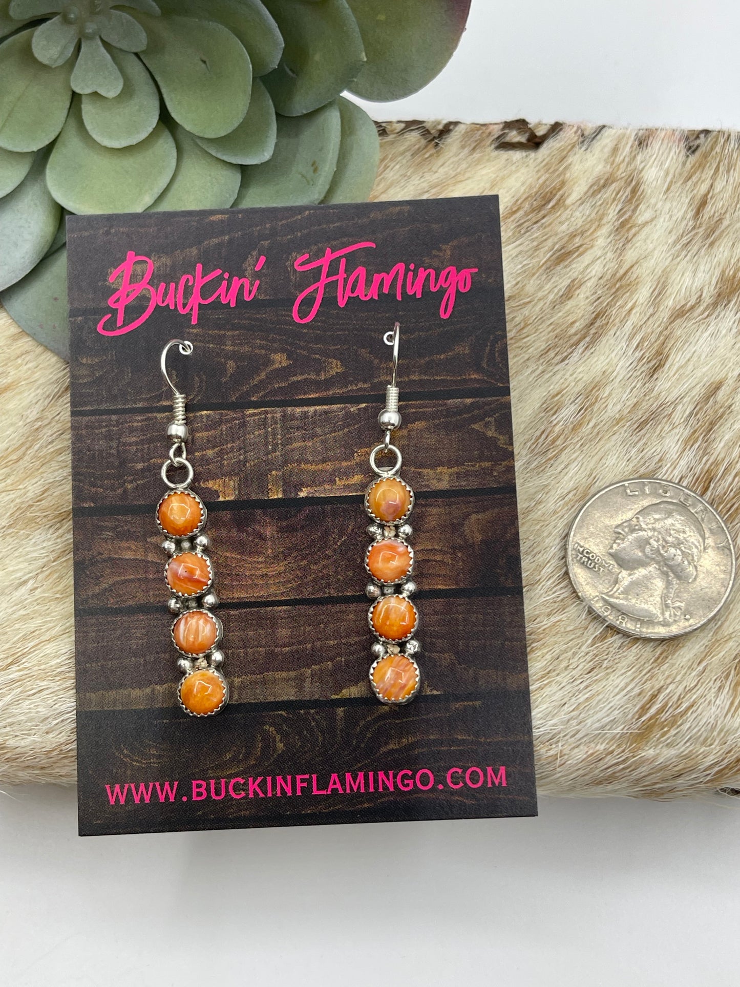 4 Stone Orange Spiny Oyster Shell Dangle Earrings by Maxine Ramirez, Navajo