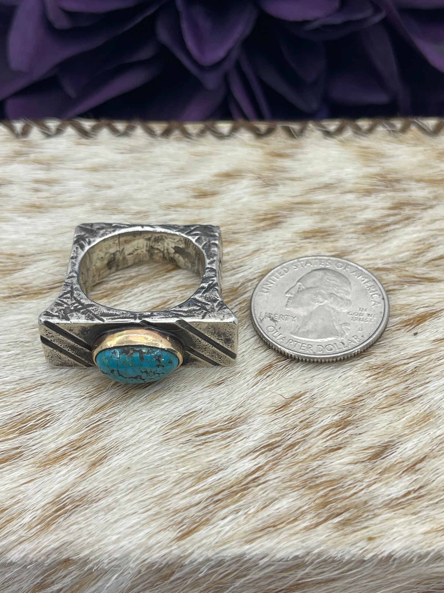 11.0 4.5 Carat Lone Mountain Turquoise Ring with 14K Gold Bezel by Bad Bronc