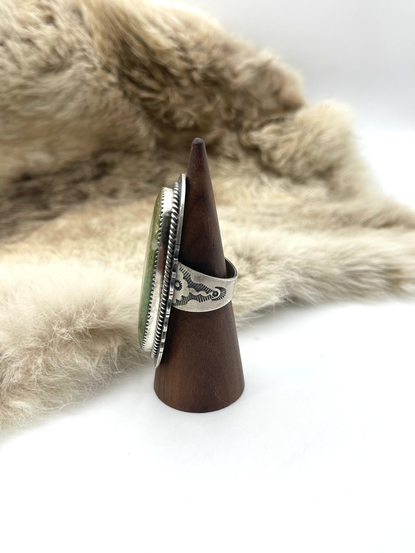 Adjustable (6.5-10.0) Emerald Valley Ring by J. Piano, Jr., Navajo
