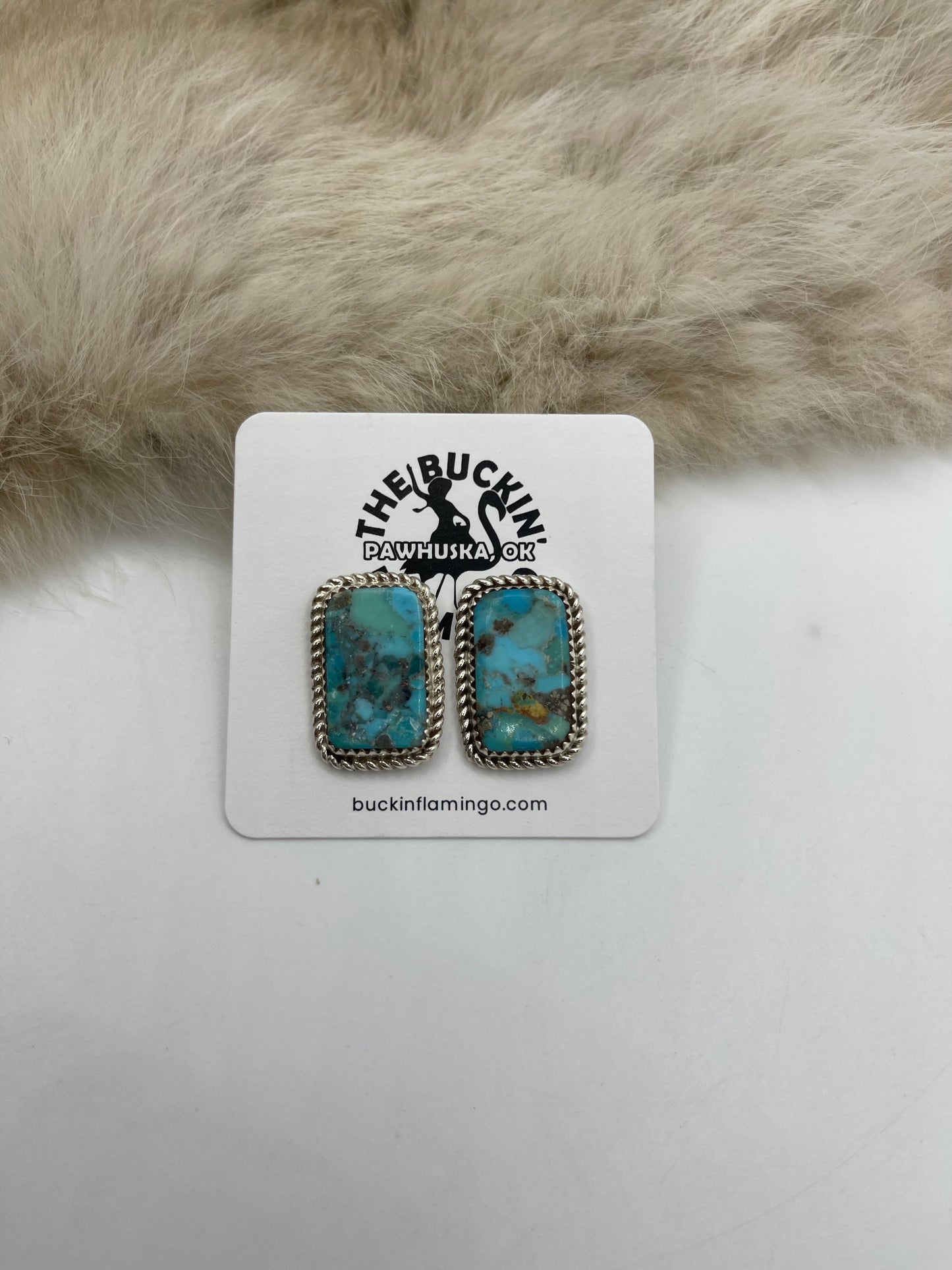 Rectangle Turquoise Post with Rope Border Earrings by Larry Etsitty, Navajo