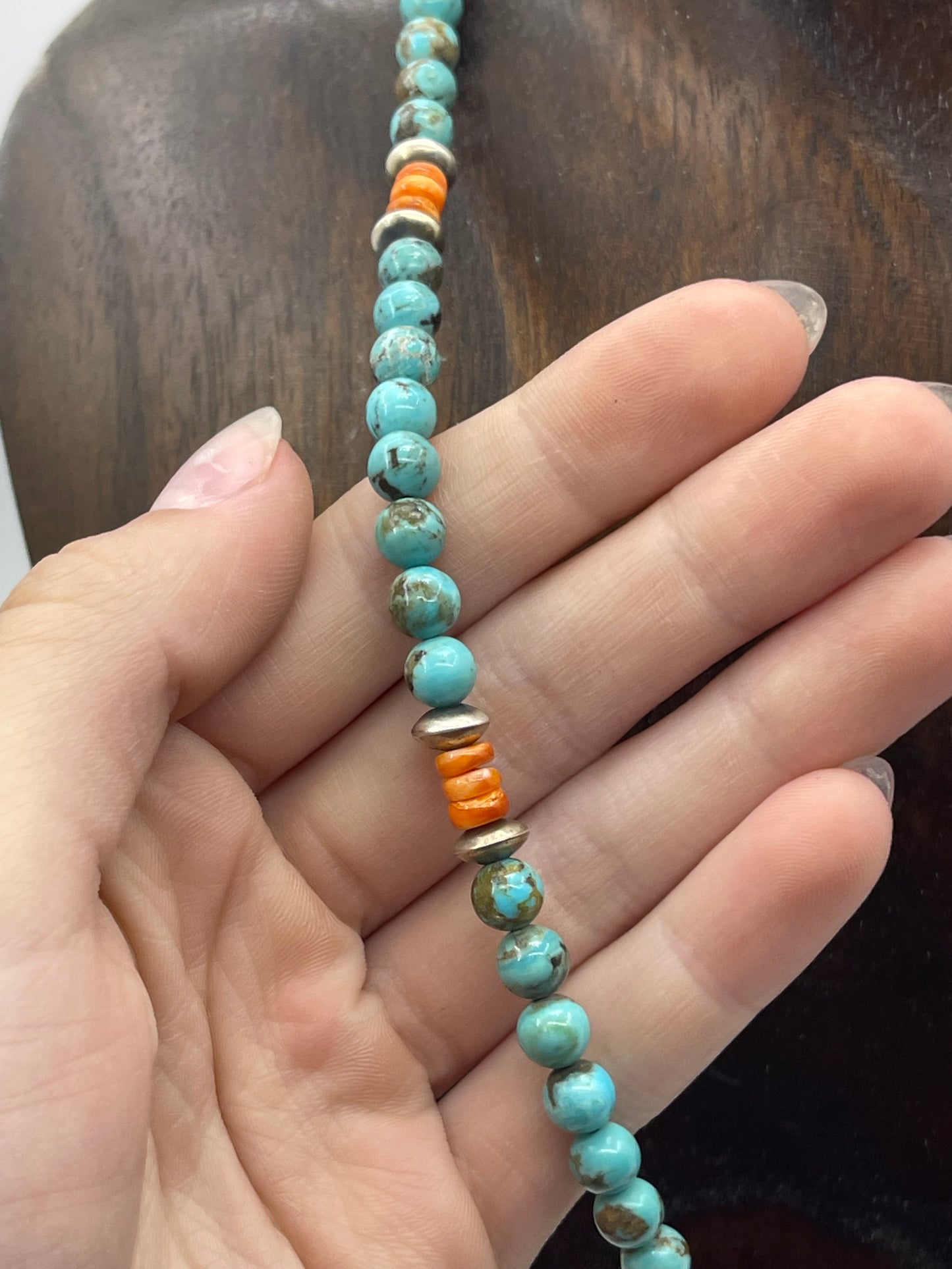 20" Navajo Saucer Beads, Turquoise, and Orange Spiny Oyster Shell Necklace by Tammy Nolcott, Navajo