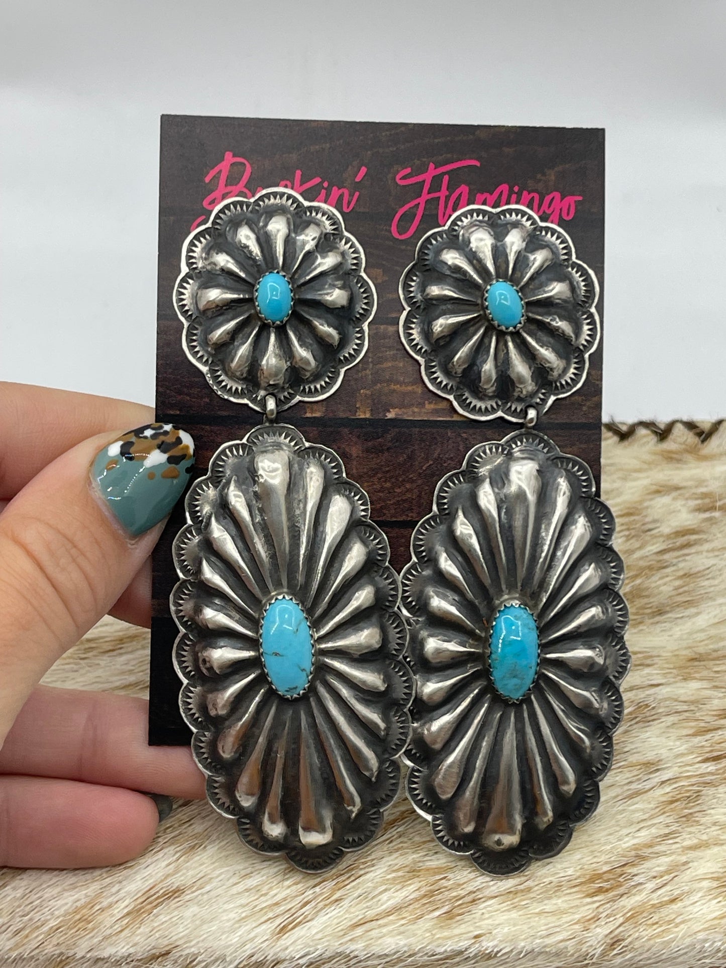 Large Double Concho Post Dangle Earrings with Turquoise by Rita Lee, Navajo