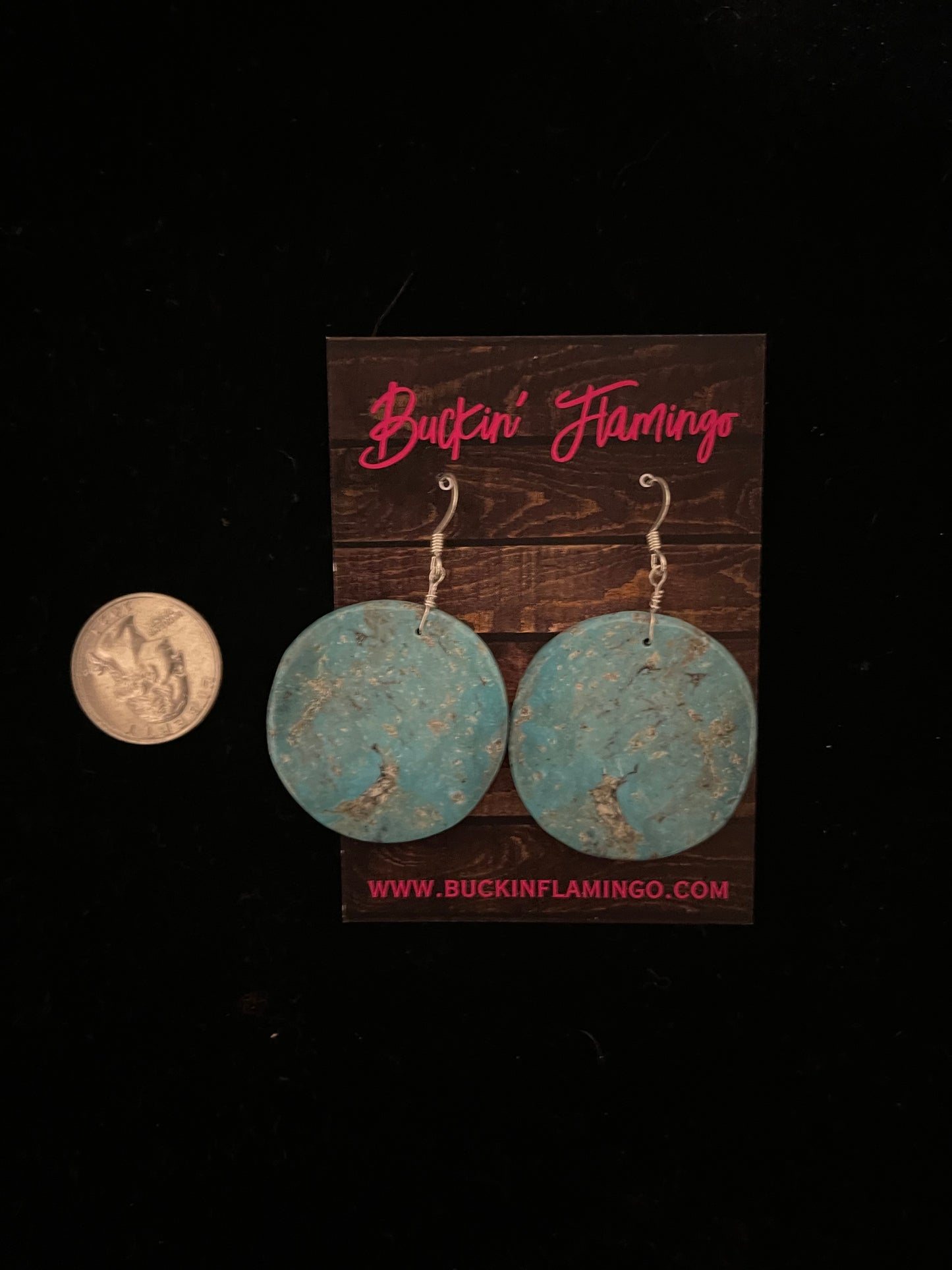Kingman Turquoise Circle Slab Dangle Earrings by Joe and Joeann Garcia, Santo Domingo