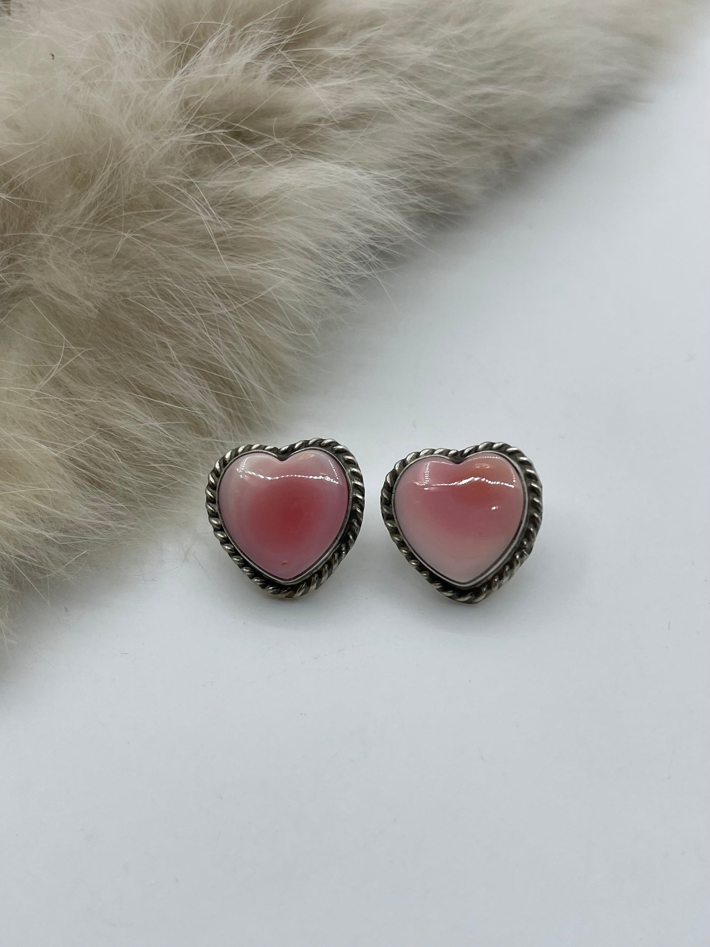 Pink Conch Shell Heart Post Earrings by Larson Chee, Navajo