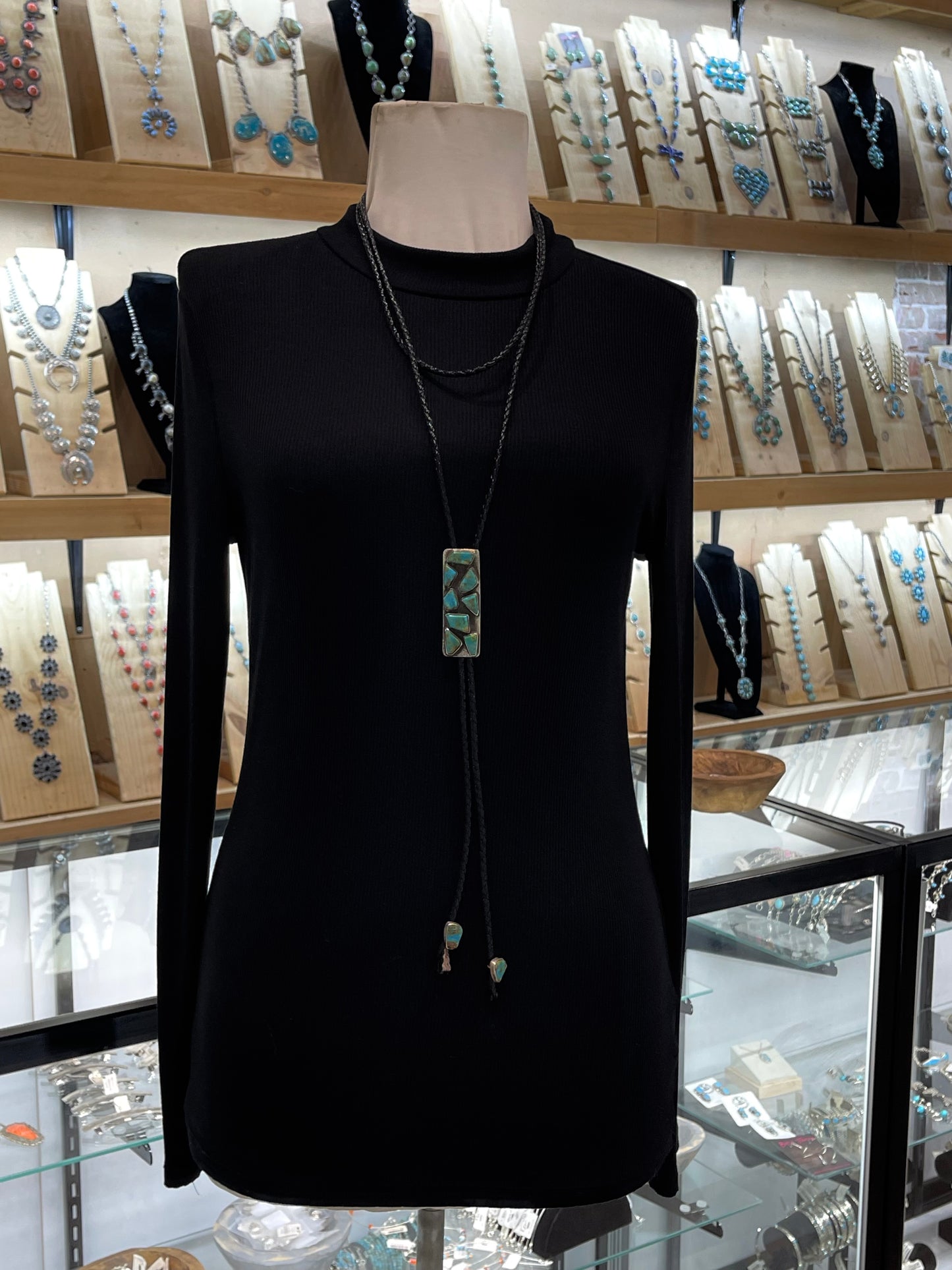 Double Wrap Bolo Tie with Turquoise Stones by Jude Candeleria, Zuni