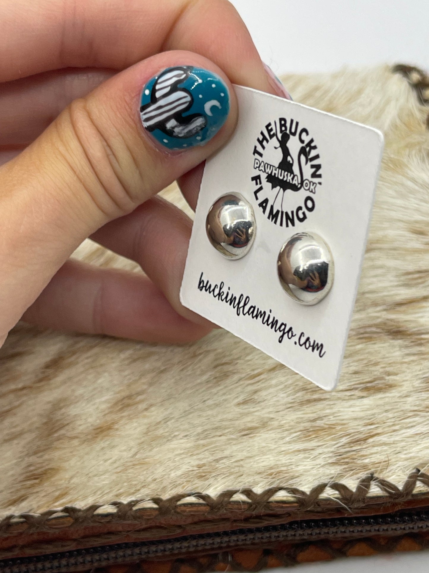 10mm Silver Half Pearl Post Earrings by Gloria Harvey, Navajo
