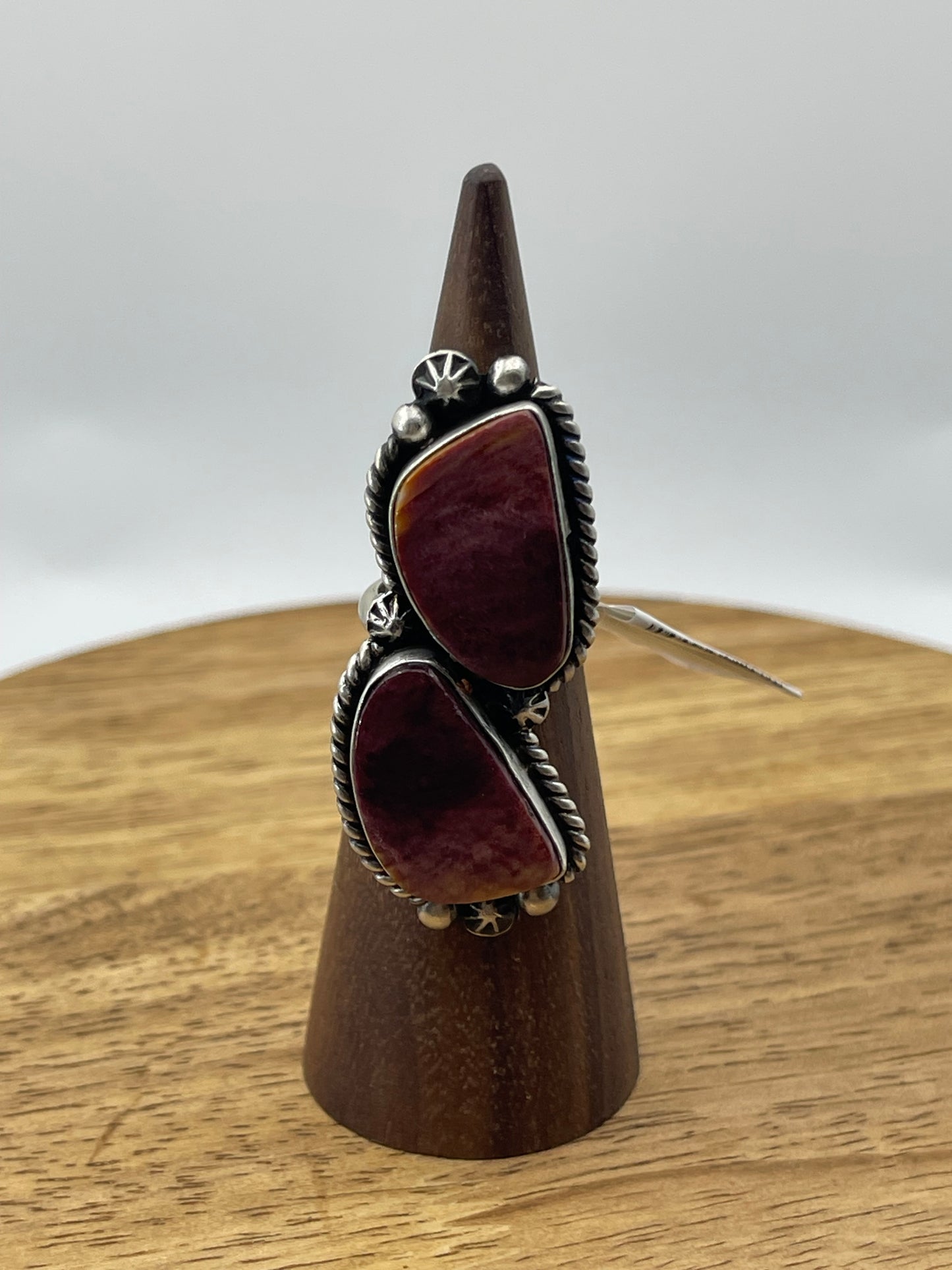 Adjustable 2 Stone Purple Spiny Oyster Shell ring by Eugene Belone, Navajo
