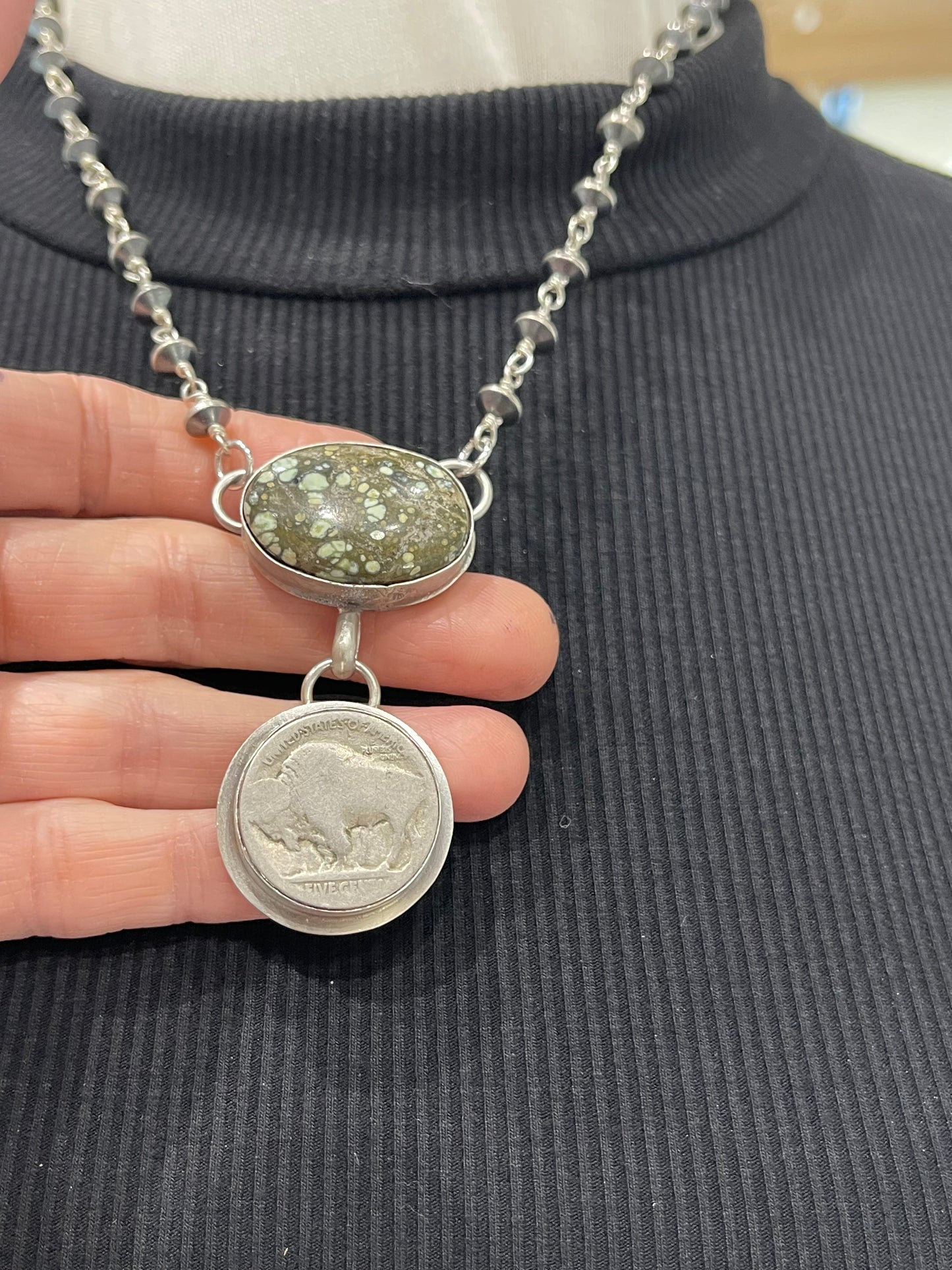 18" Starfox Veriscite Necklace with Buffalo Coin by Calvin Delgarito, Navajo