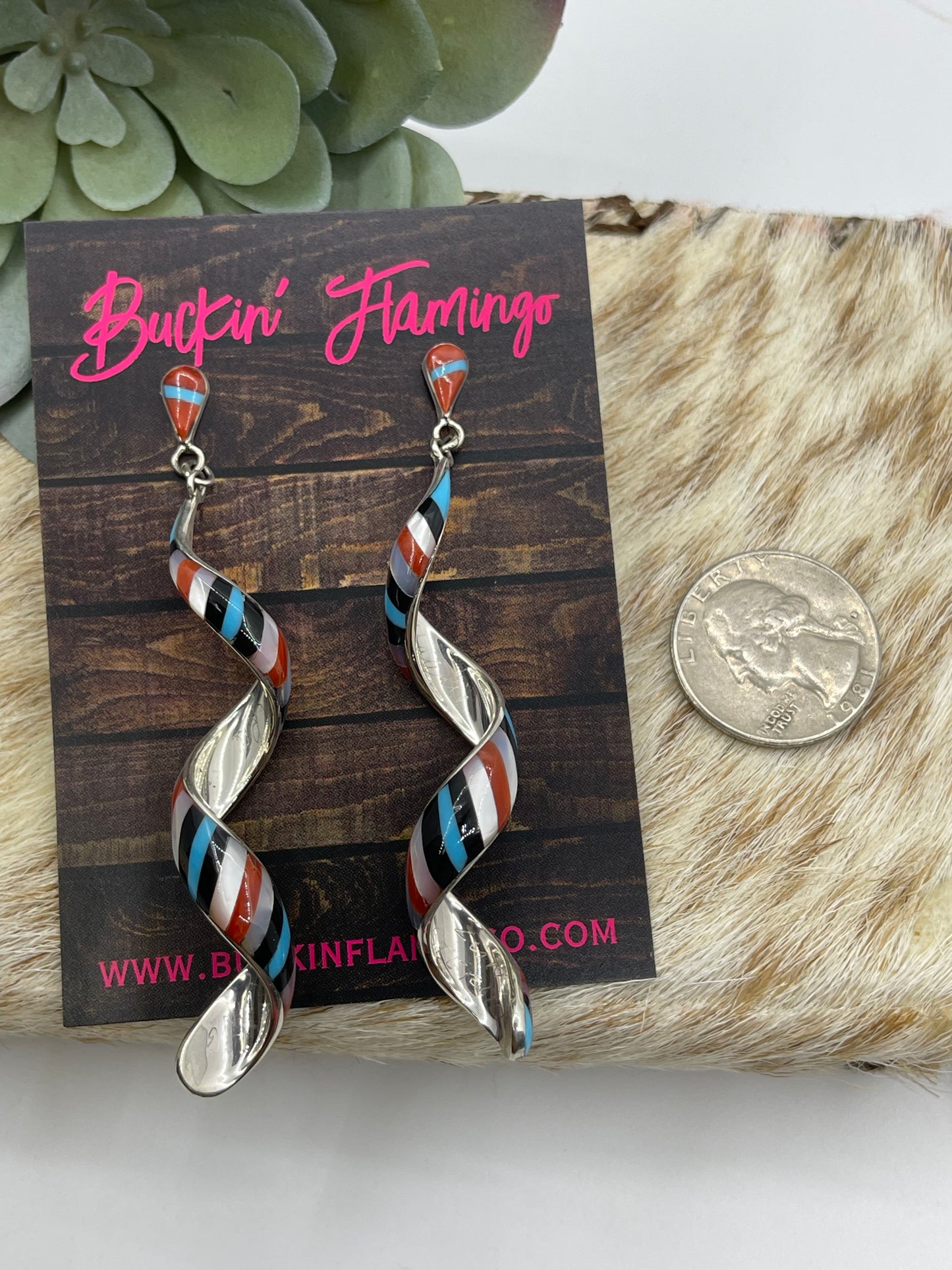 3" Inlaid Spiral Post Dangle Earrings by Pernell Idealla Edaakie, Zuni