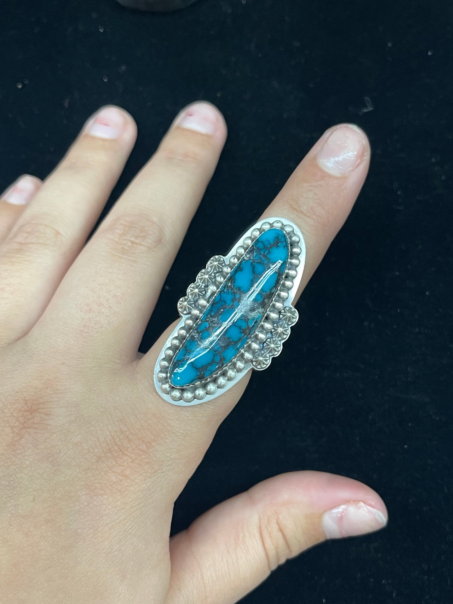 8.5 Kingman Web Turquoise Ring by J. Piaso, Navajo