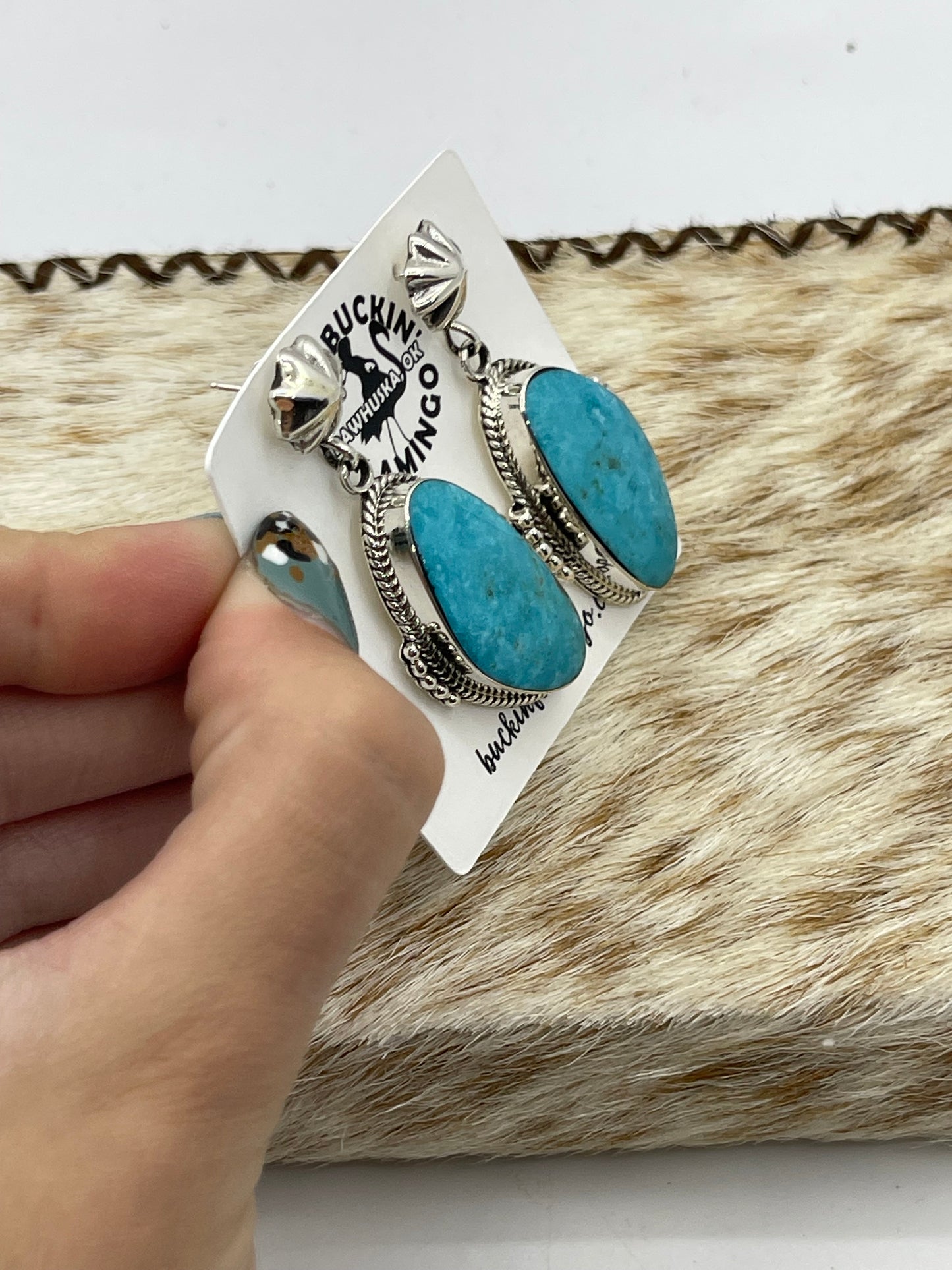 Kingman Turquoise Star Post Dangle Earrings by Raymond Yazzie, Navajo