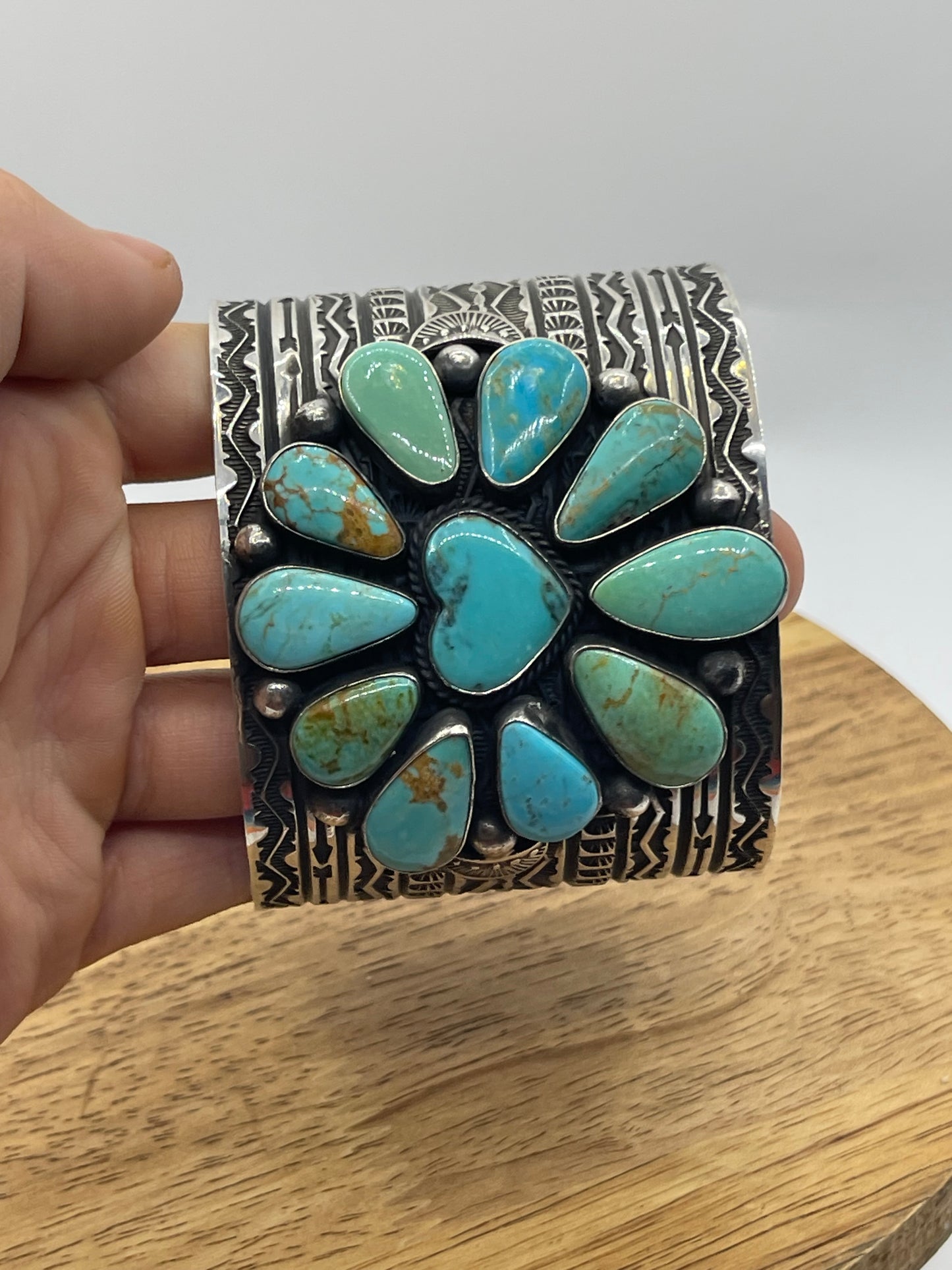Kingman Turquoise Heart Cluster Cuff by Sunshine Reeves, Navajo