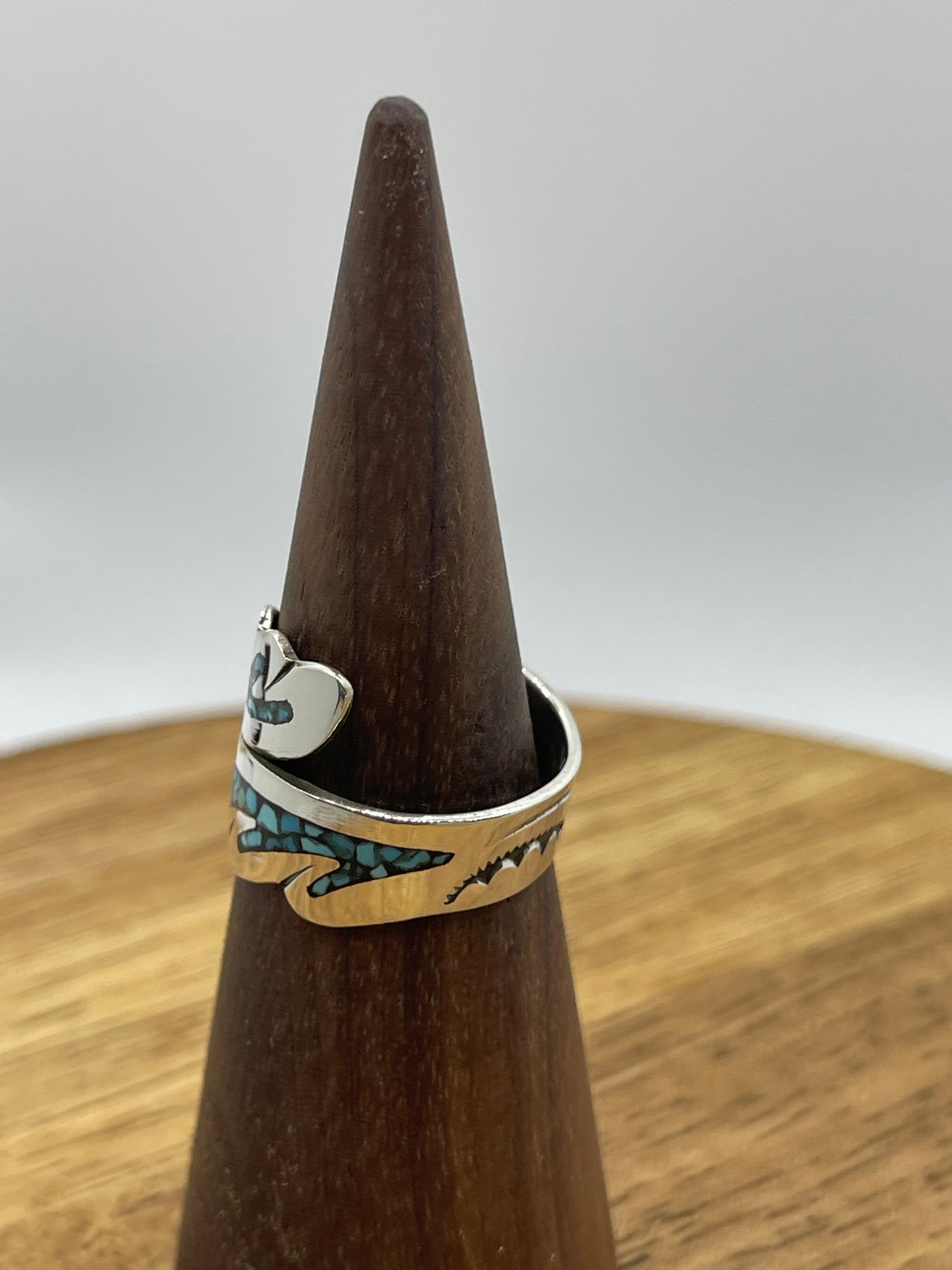 Adjustable Turquoise and Coral Chip Inlay Feather Ring (9.0-13.0)