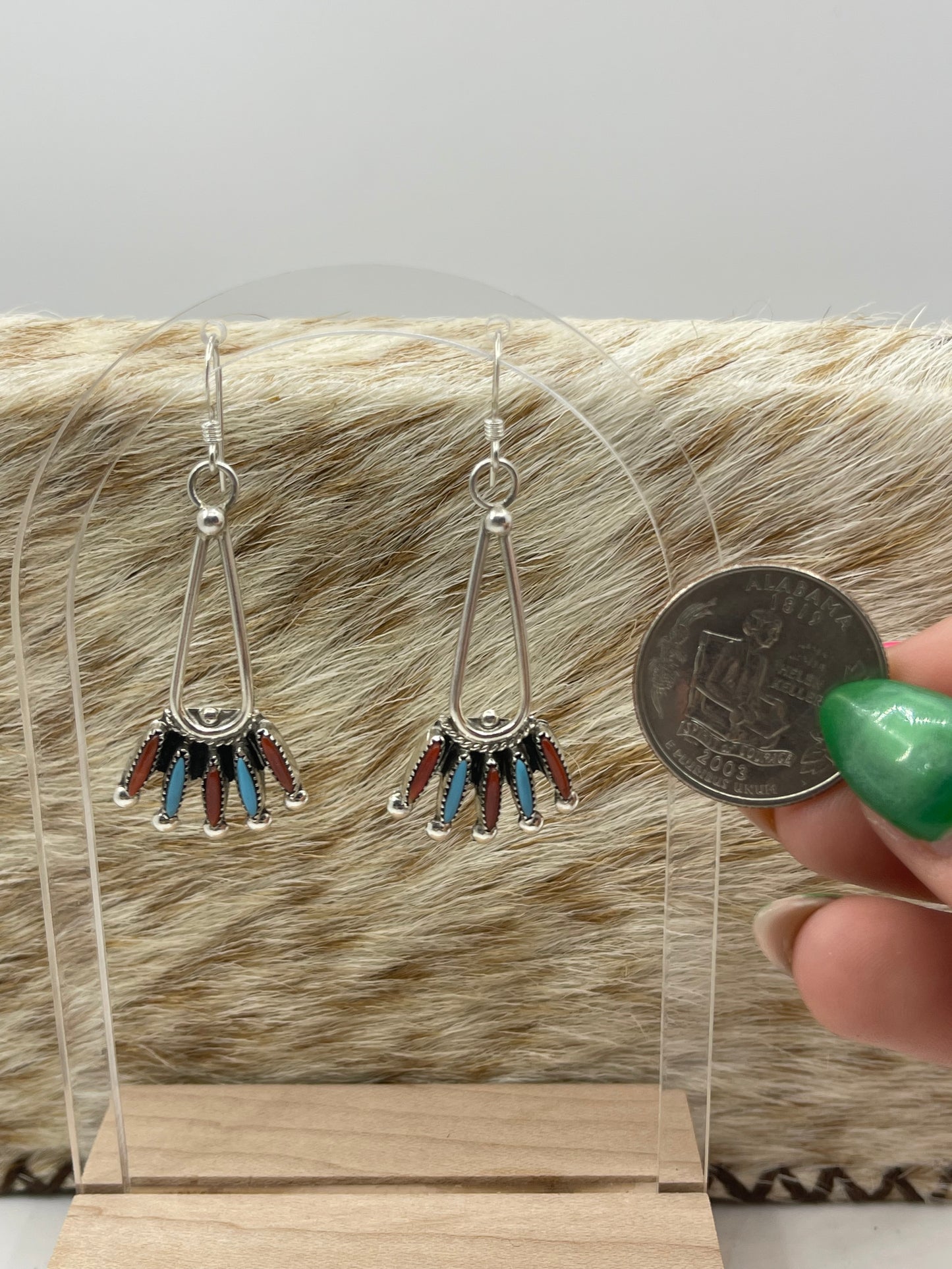 Turquoise and Coral Needlepoint Dangle Earrings by Gerald Etsate, Zuni