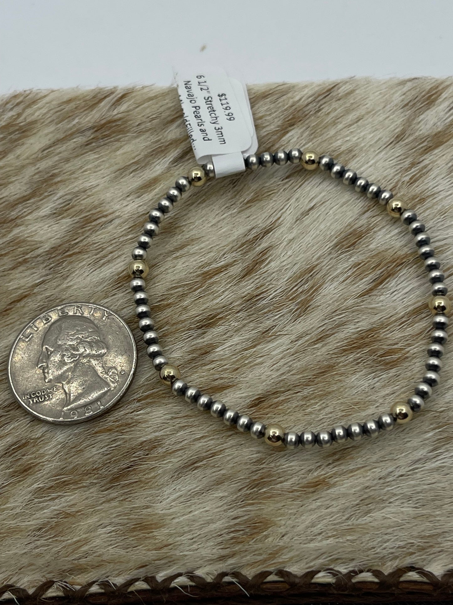 6 1/2" Stretchy 3mm Navajo Pearls and 4mm 14k gold Filled Beaded Bracelet