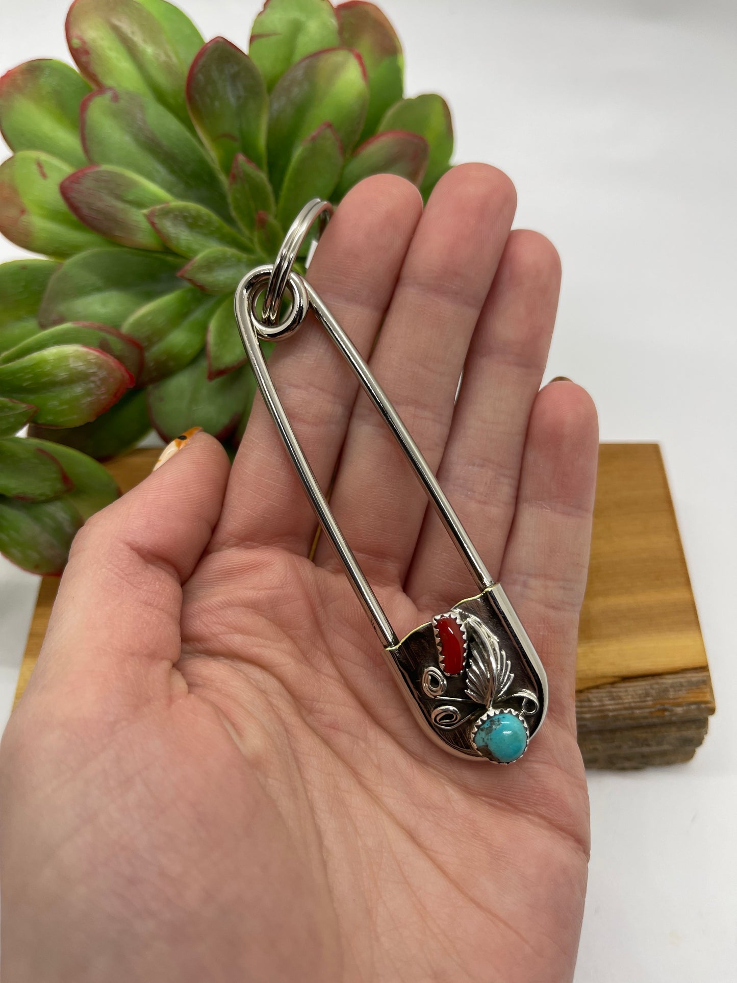 Turquoise and Red Coral Safety Pin Key Chain by Sally Arviso, Navajo