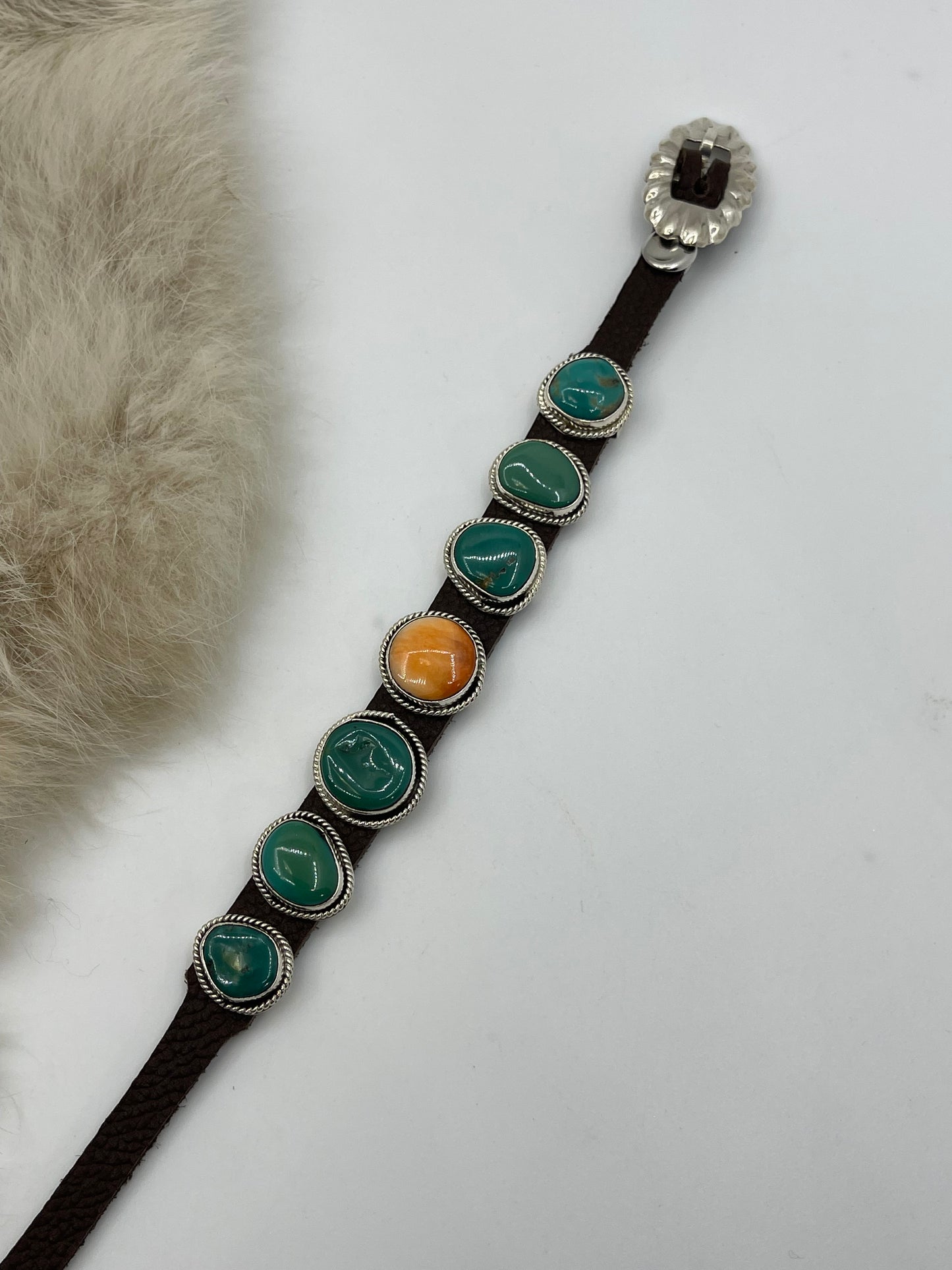 6.25”-9” 7 Stone Turquoise & Spin Oyster Bracelet on Leather by “BW”, Navajo