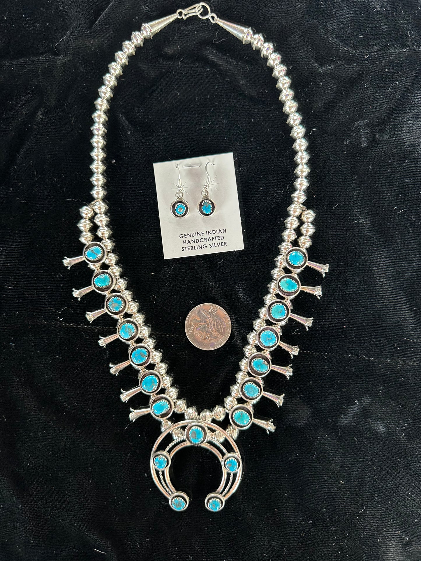Kingman Turquoise 20" Squash Blossom and Earrings