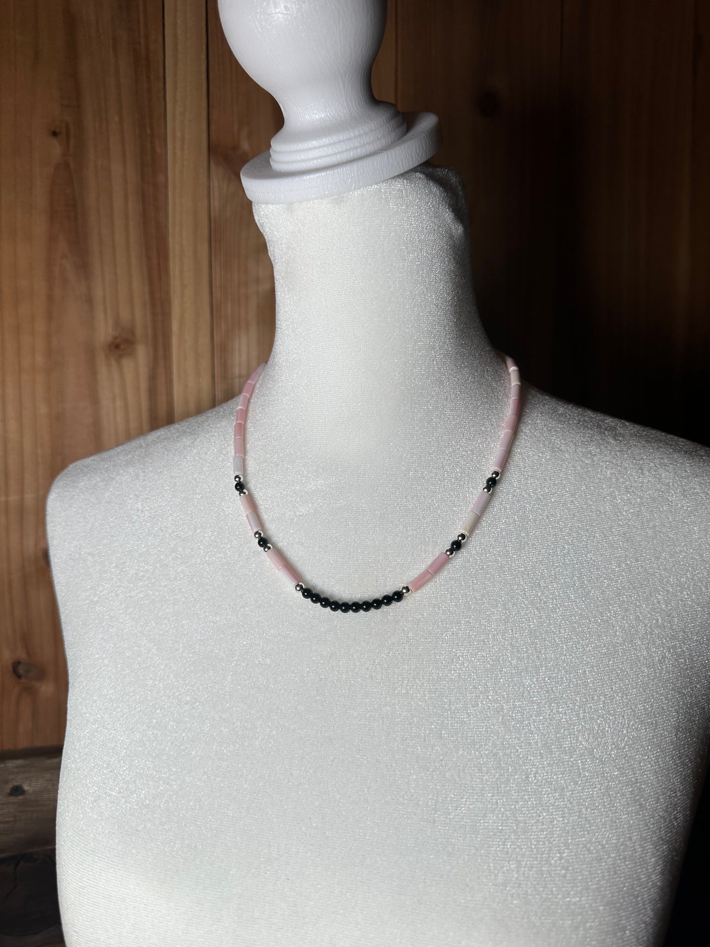 Pink Conch Shell and Black Onyx Necklace