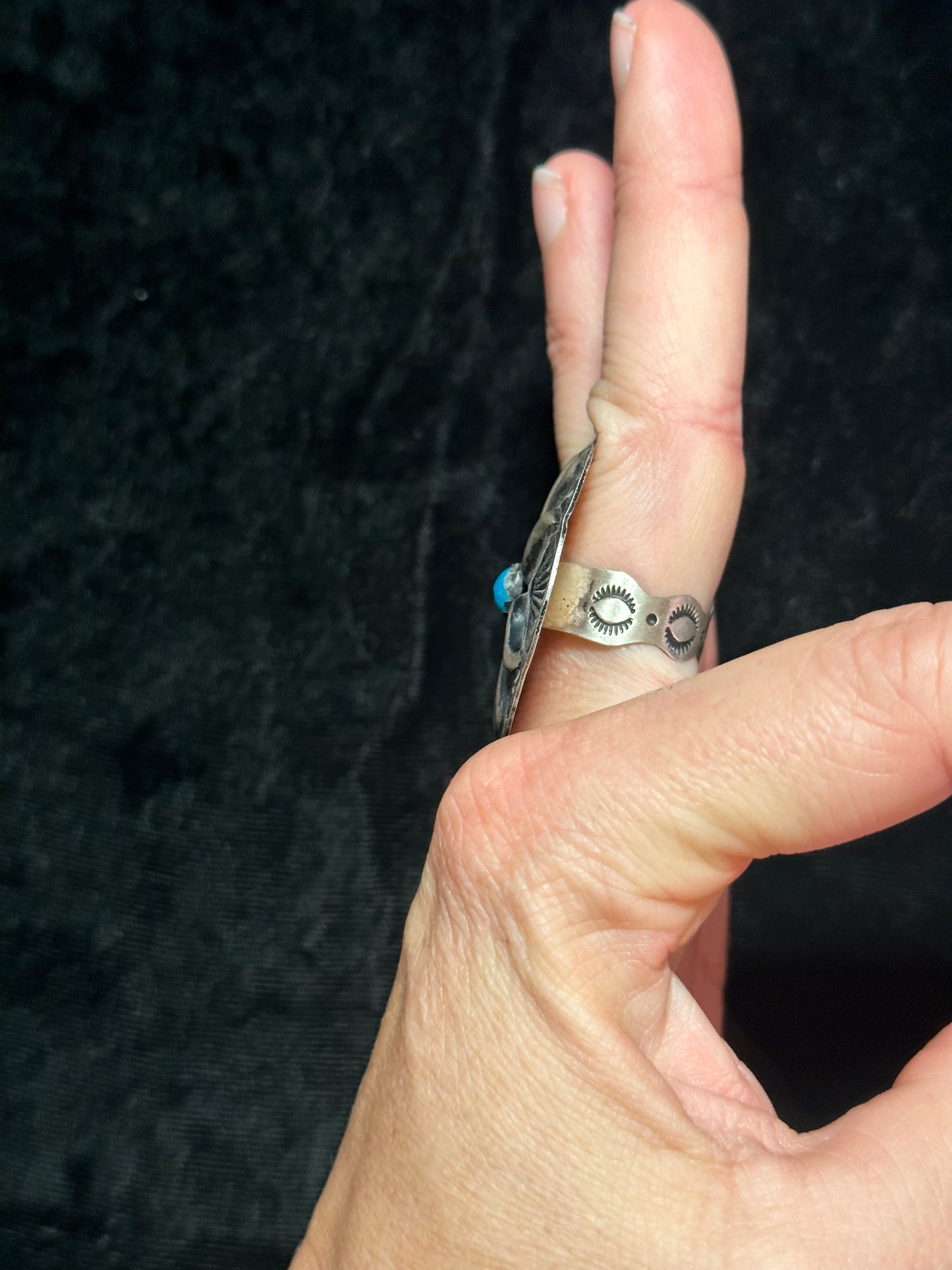 9.0 Concho Turquoise Ring by L. Tahe, Navajo
