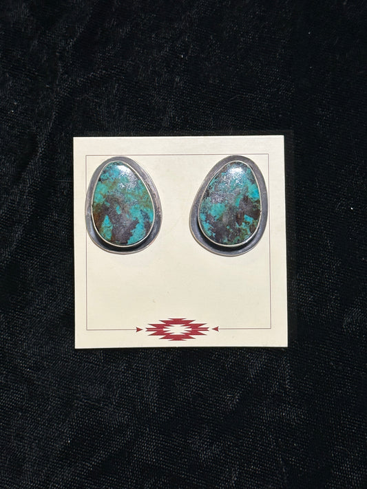 Kingman Turquoise Oval Post Earrings by Marie Jackson, Navajo