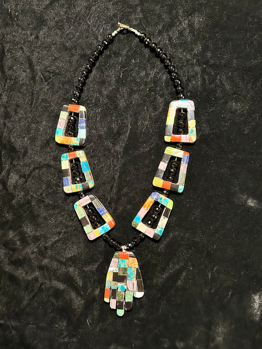 Paper Thin Inlay Lapidary Hand Necklace by Jolene Bird
