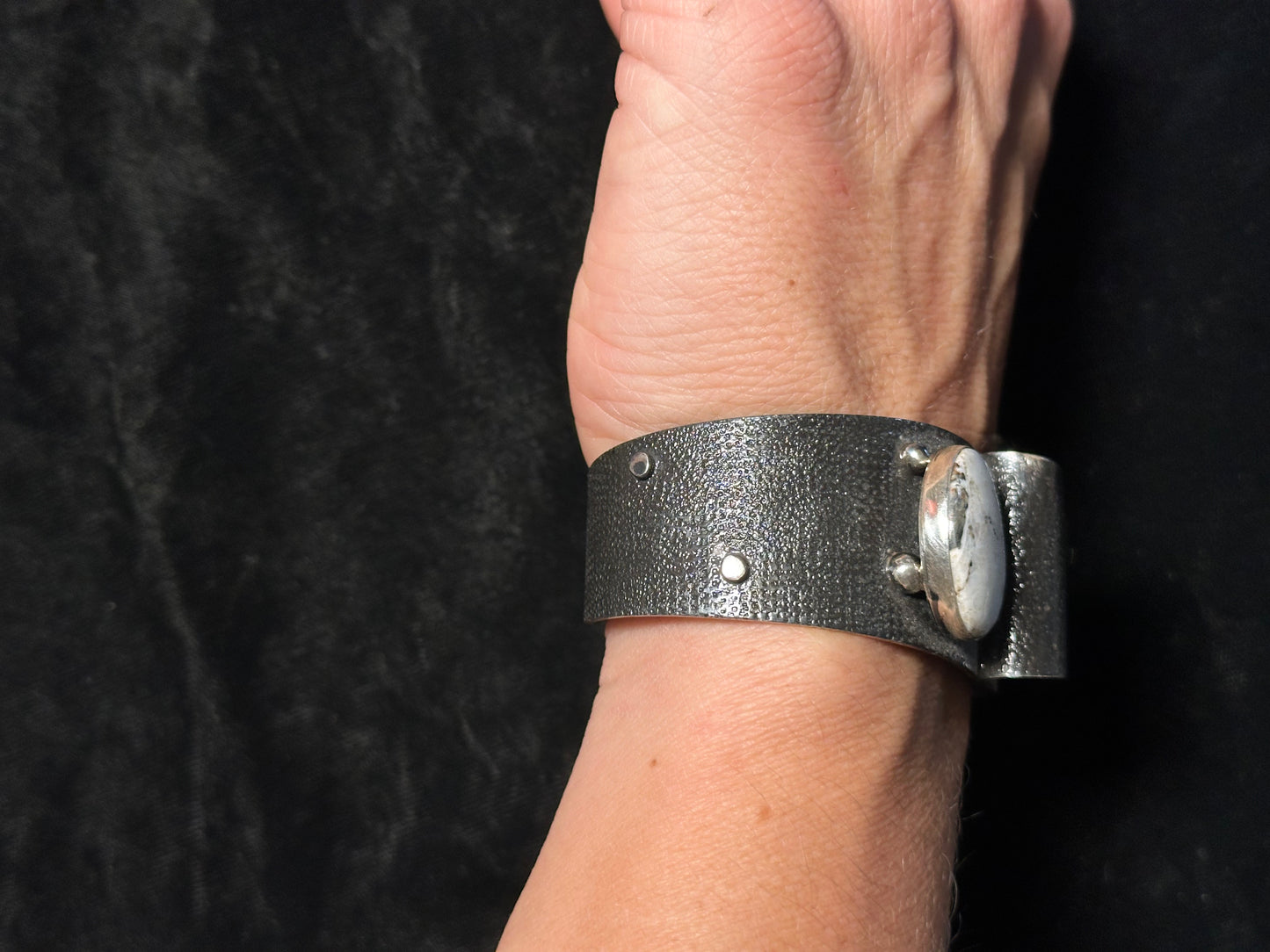7" White Buffalo and Sterling Silver Design Cuff by L. James, Navajo made