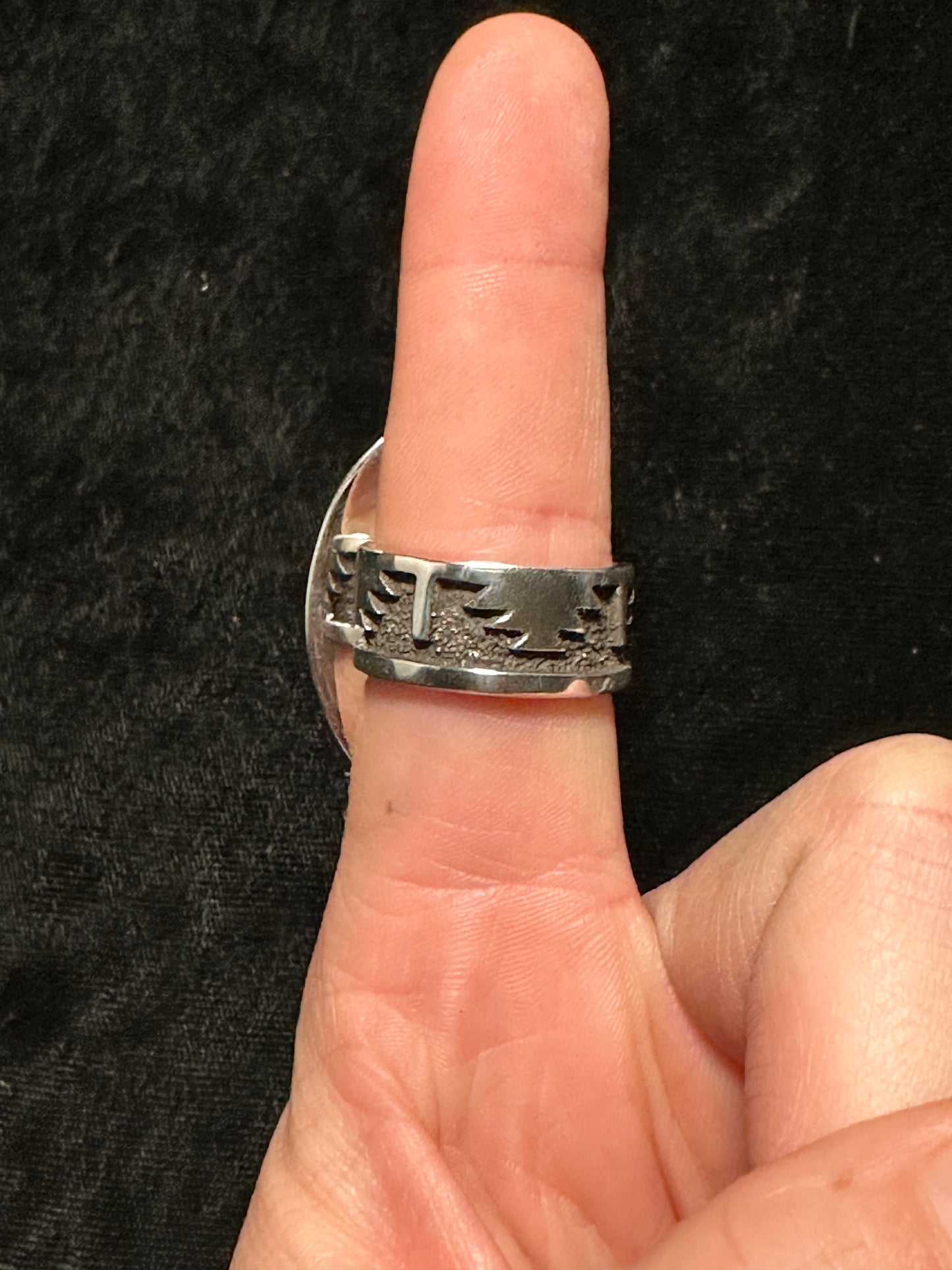 8.0 Onyx Ring with Silver Overlay Bands by Marie Jackson, Navajo