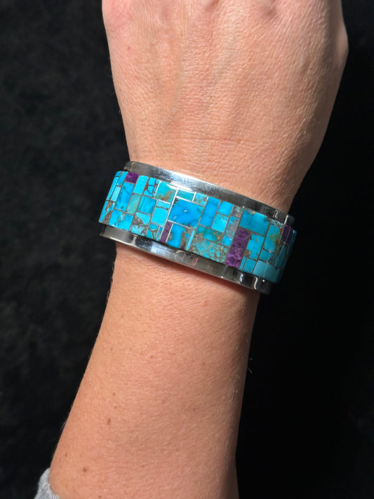 Bisbee Turquoise and Sugilite Inlay Cuff Bracelet By Tommy Jackson, Navajo
