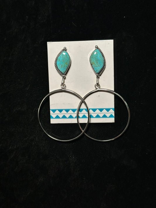 Kingman Turquoise Dangle Hoop Earrings By Christina Jackson, Navajo