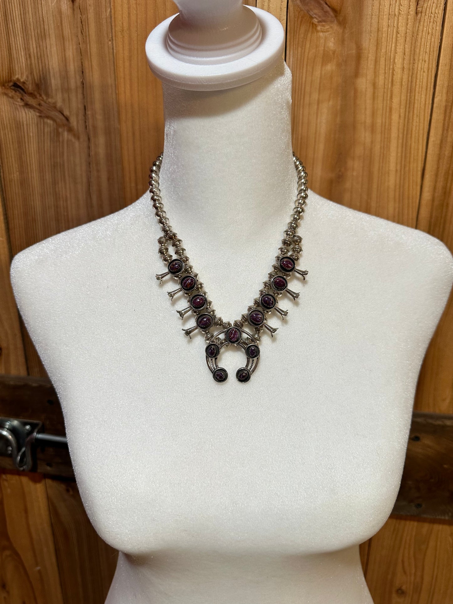 16" Purple Spiny Oyster Squash Blossom Necklace and Dangle Earrings By Phil Garcia, Navajo