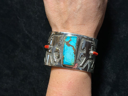 Kingman Turquoise and Red Coral Horse Cuff by Marie Jackson, Navajo