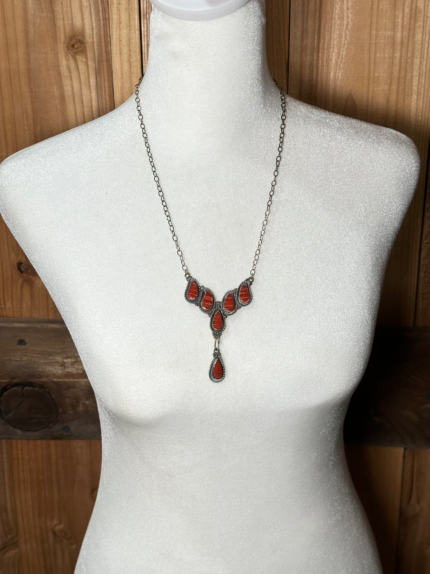 20"+1 1/2" Red Coral Necklace and Earring Set, Zuni