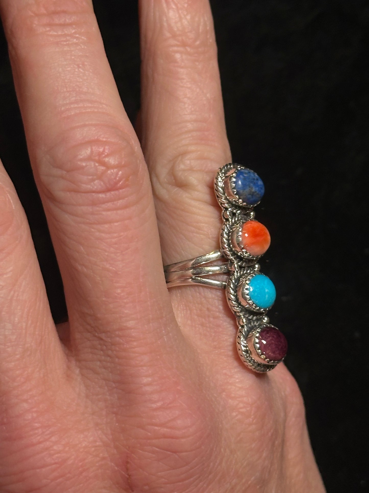 Purple Spiny, Sleeping Beauty Turquoise, Orange Spiny, and Lapis Ring