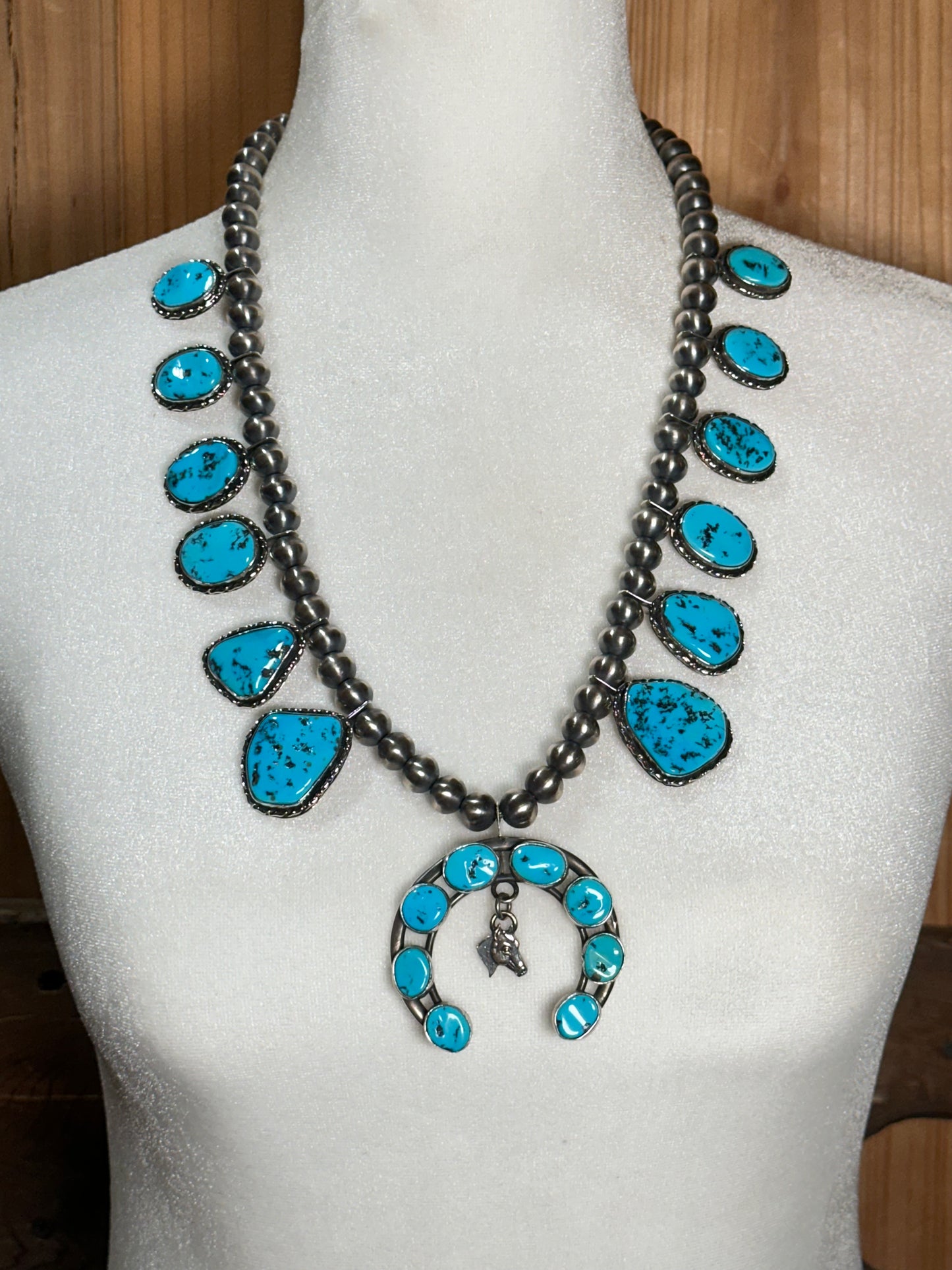 22" Sleeping Beauty Squash Blossom 10mm Navajo Pearls by Rita and Tustin Daye