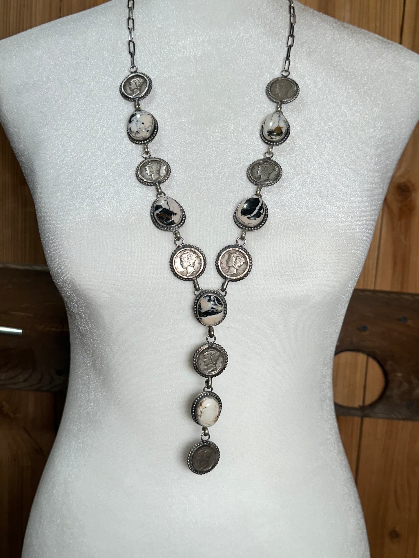 26"+3" White Buffalo and Mercury Dimes Lariat Style Necklace by T. Nez, Navajo