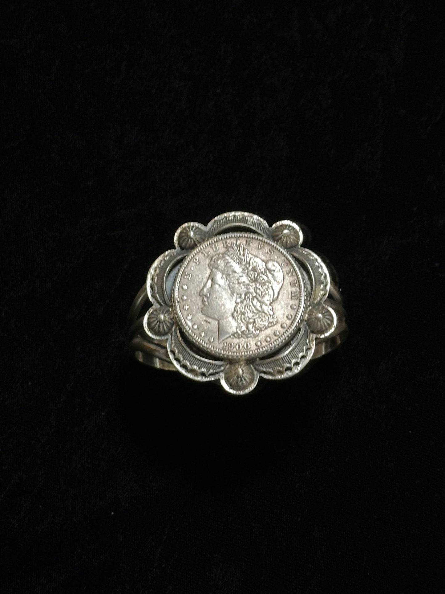 1900 Morgan Silver Dollar Cuff Bracelet by Boyd Ashley, Navajo