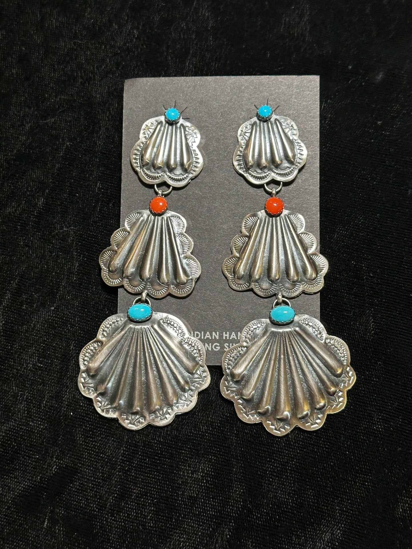 Concho Post Dangle Earrings with Coral and Sleeping Beauty Stones by Rita Daye, Navajo