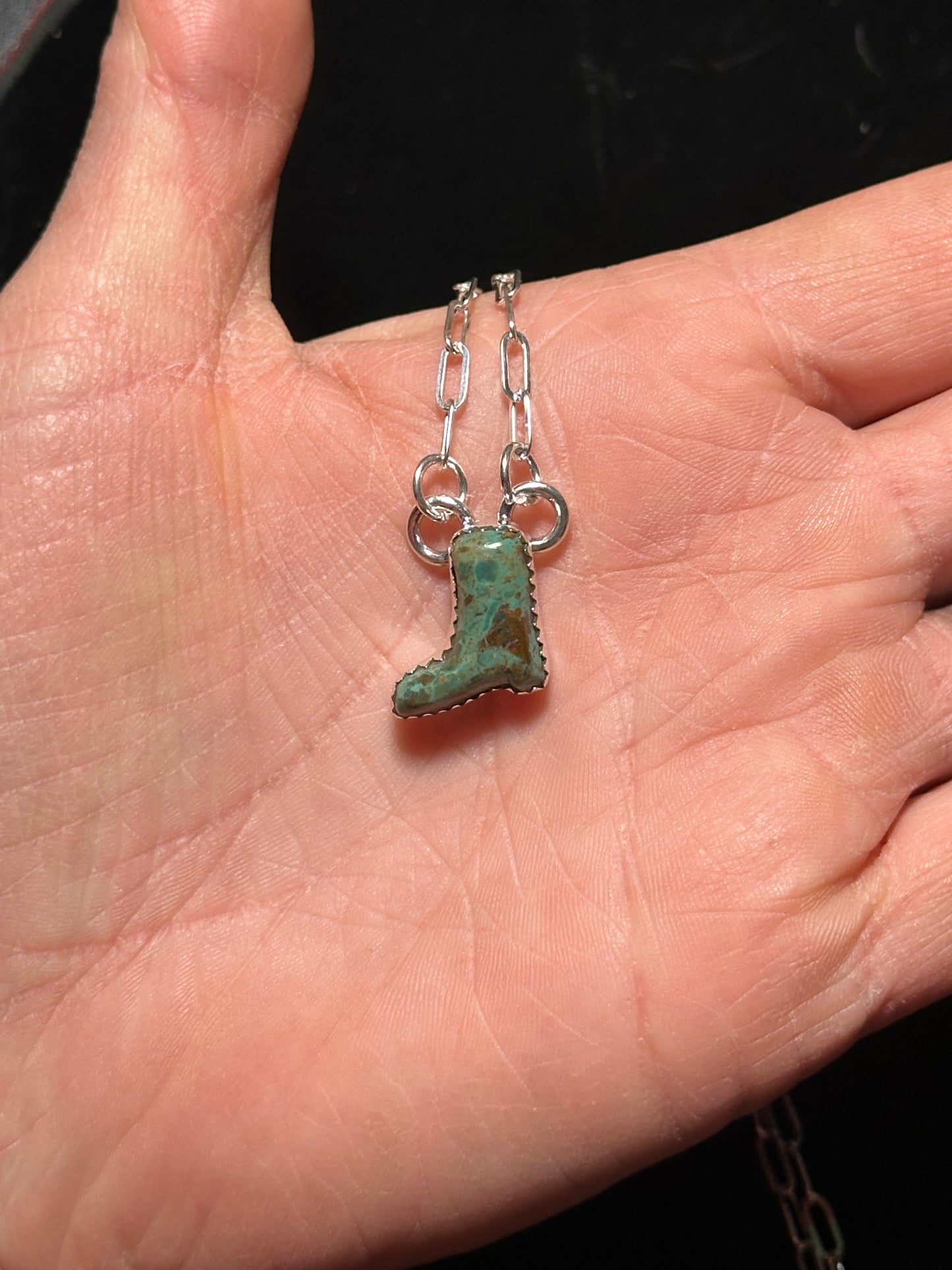 Green Navada Turquoise Boot Necklace with Sterling Silver Paperclip Chain