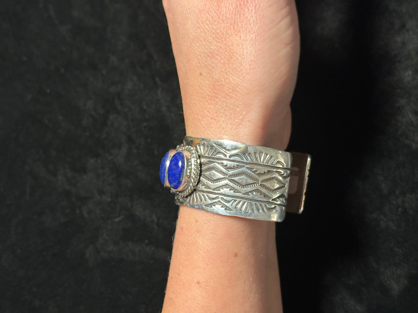 7" 5 Stone Lapis Stamped Cuff Bracelet By Rick Enrique, Navajo