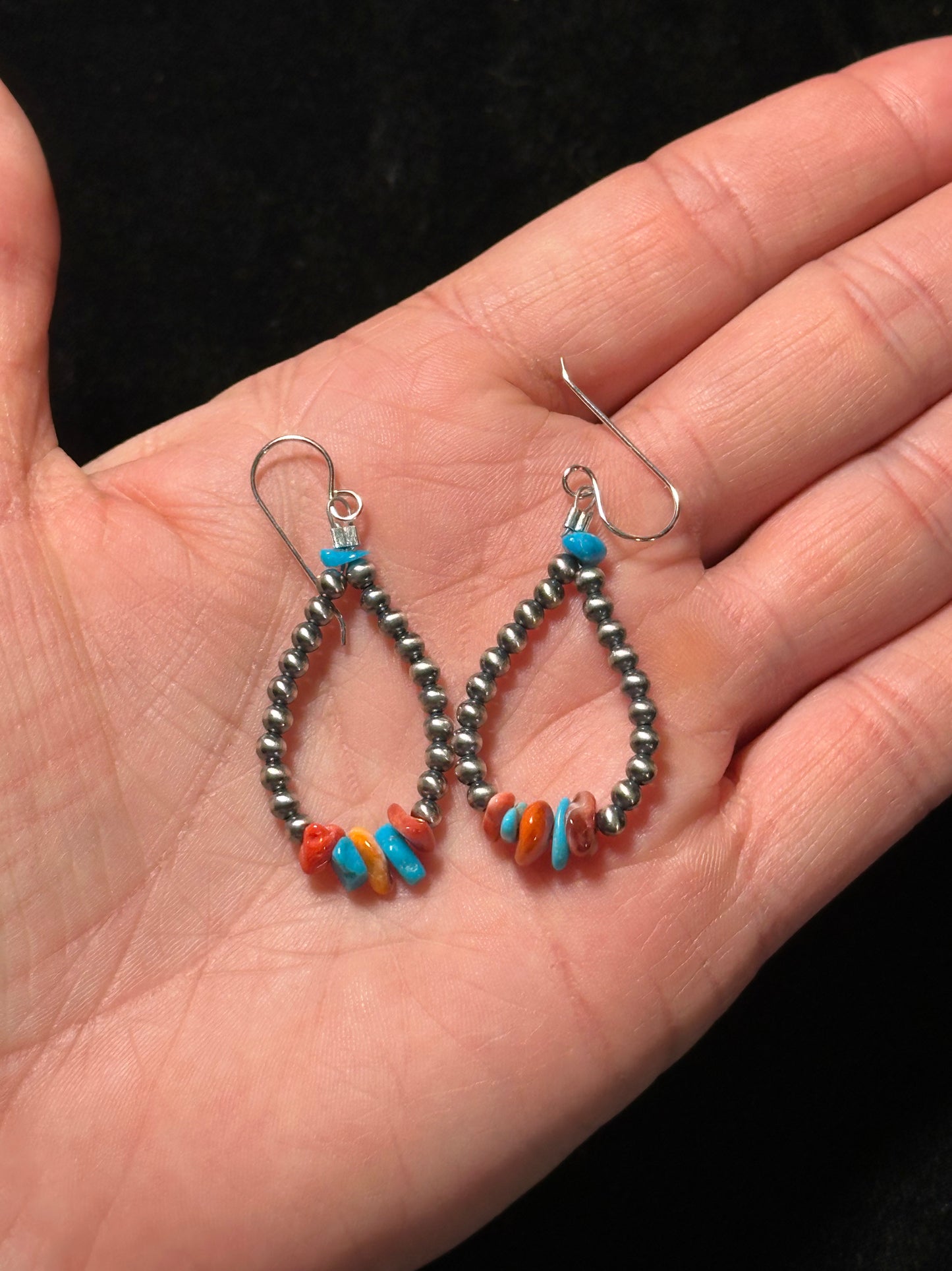 3mm Navajo Pearls Dangle Earrings with Sleeping Beauty and Spiny Oyster