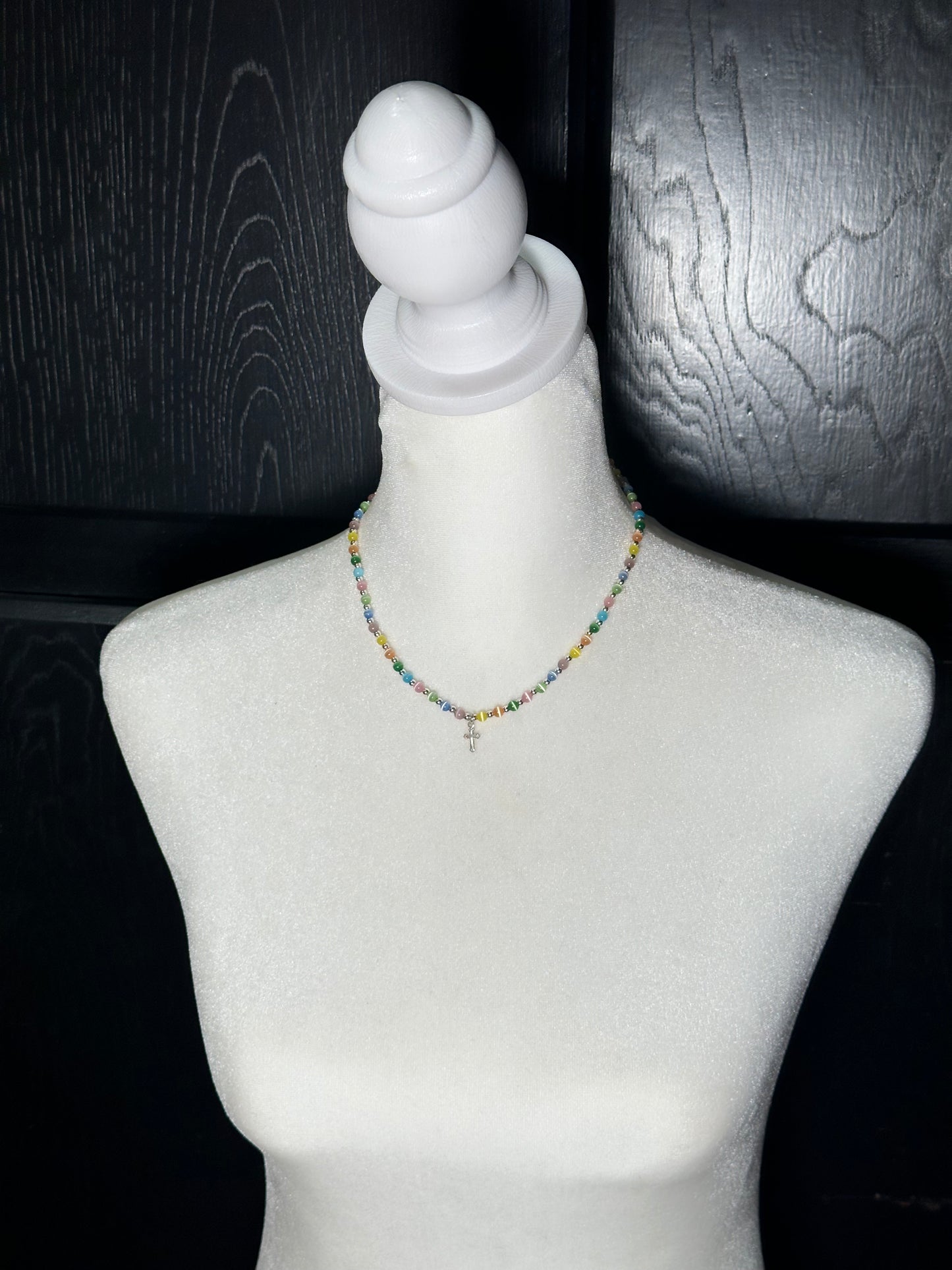 4mm Cat Eye Beads 3mm Silver Beads 14" Necklace with 2" Extender