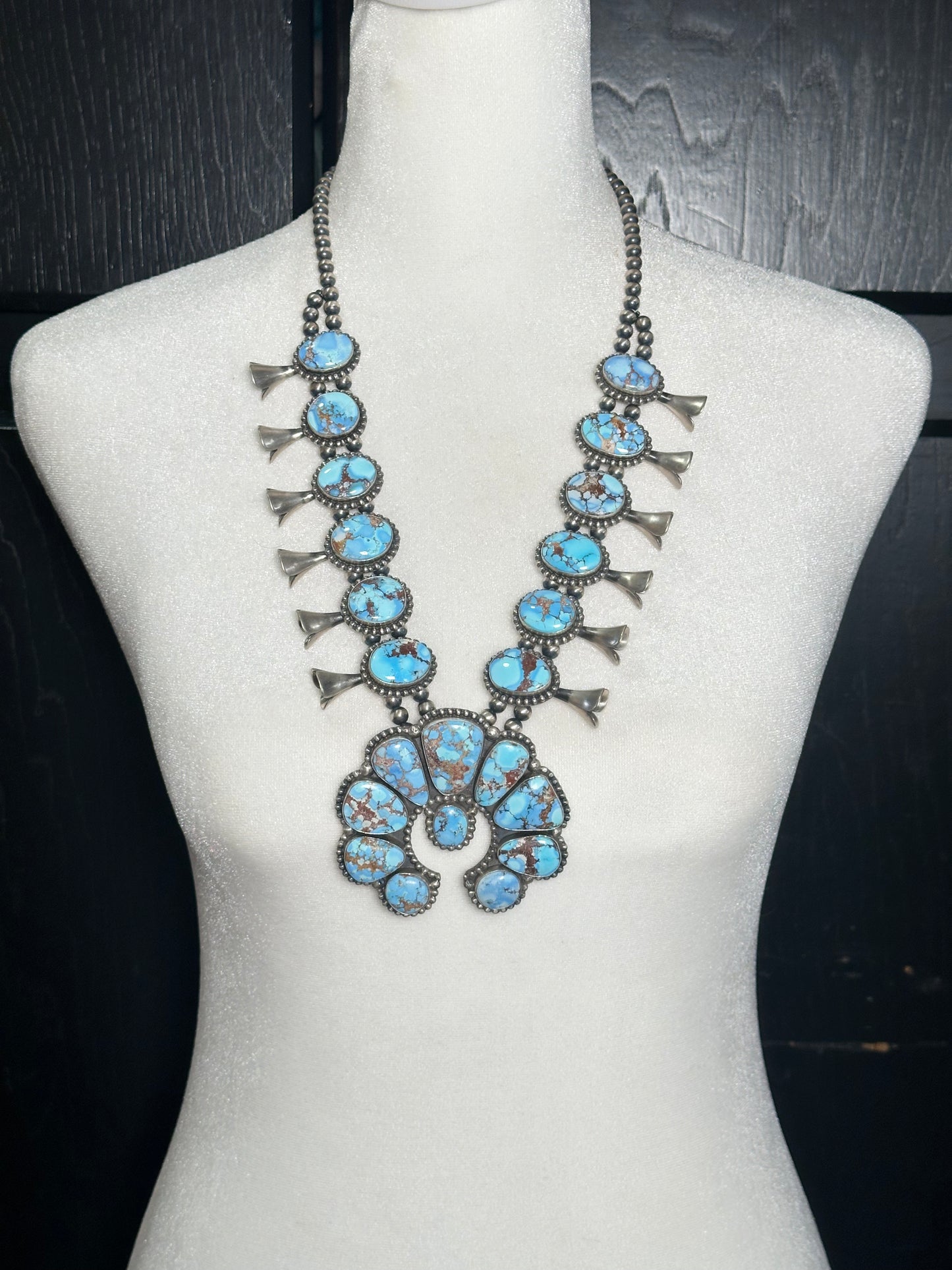 Golden Hills Turquoise Squash Blossom and Dangle Earrings by Mary Ann Spencer, Navajo