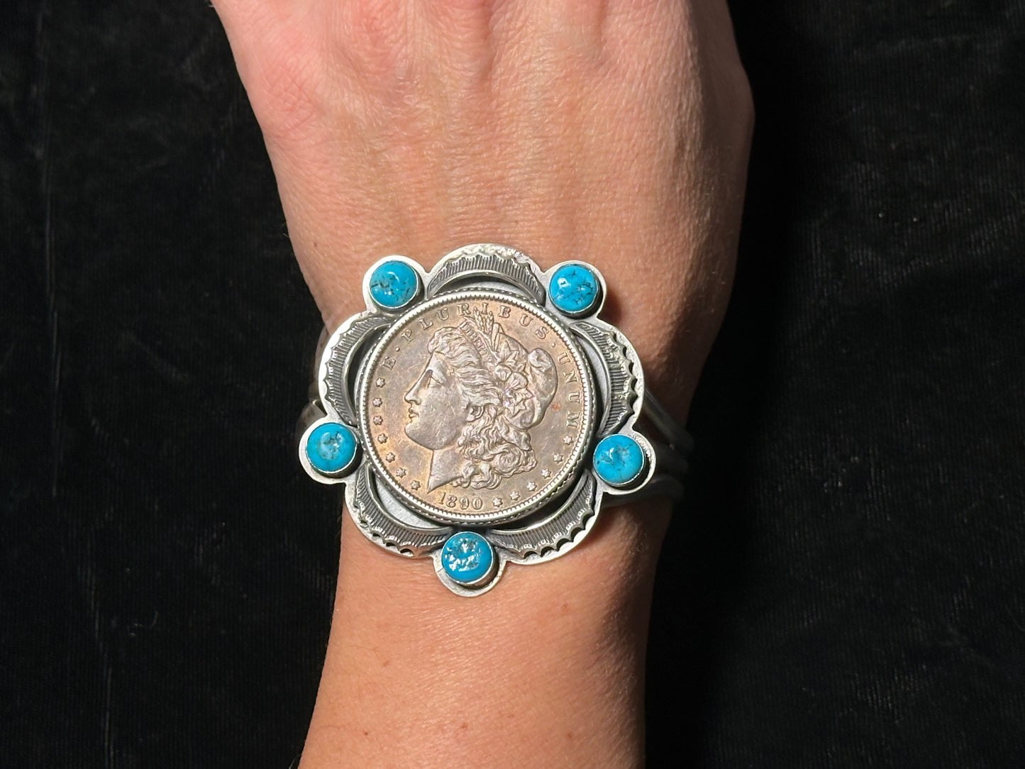 6"-7" 1890 Morgan Silver Dollar and Sleeping Beauty Turquoise Cuff Bracelet