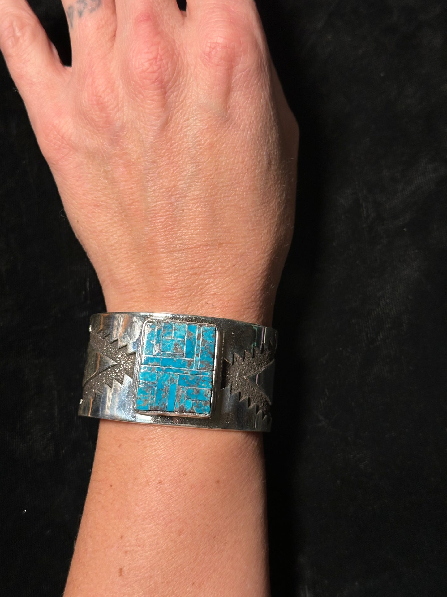 6 1/4"-6 1/2" High Quality Turquoise Inlay Cuff by Marie Jackson, Navajo