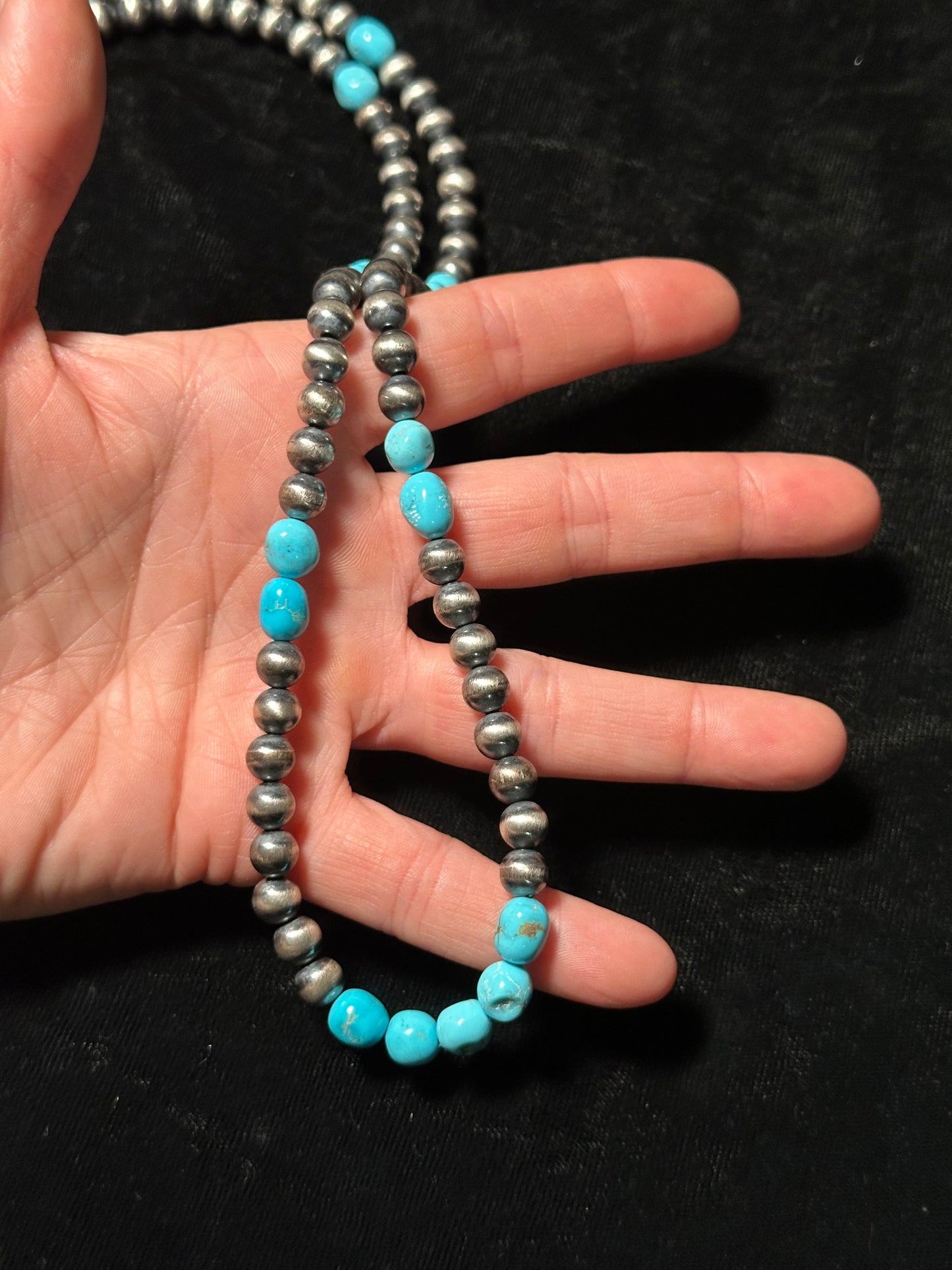 34" 7mm Navajo Pearls and Sleeping Beauty Turquoise Nugget Necklace