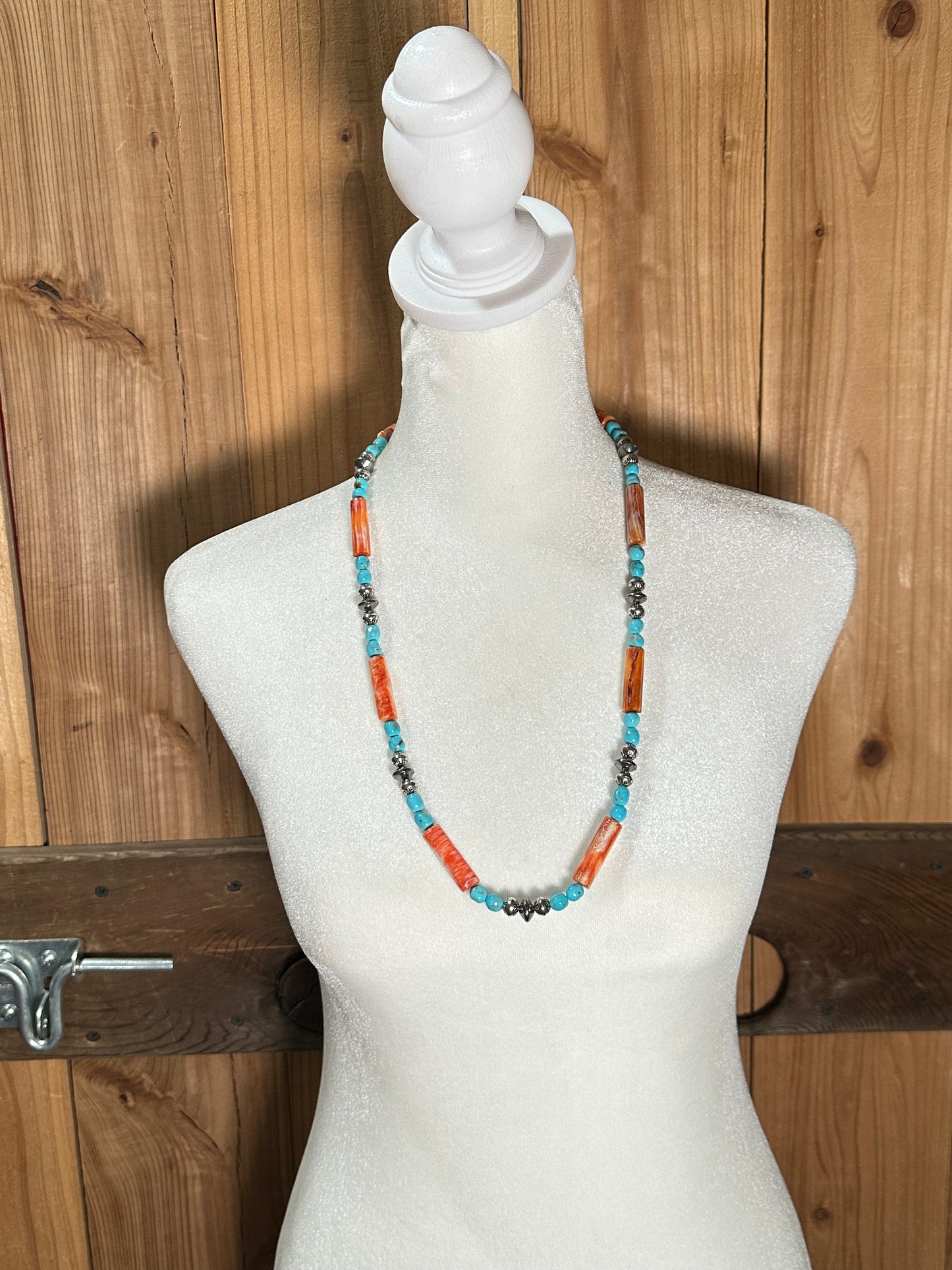 28" Spiny Oyster Shell and Natural Sleeping Beauty Turquoise Nuggets with Stamped Navajo Style PearlsStyle Pearls