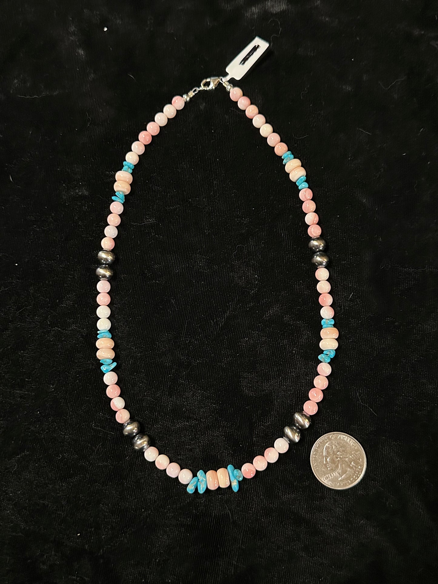 Pink Conch Shell, Turquoise, and 8 mm Navajo Pearl Necklace